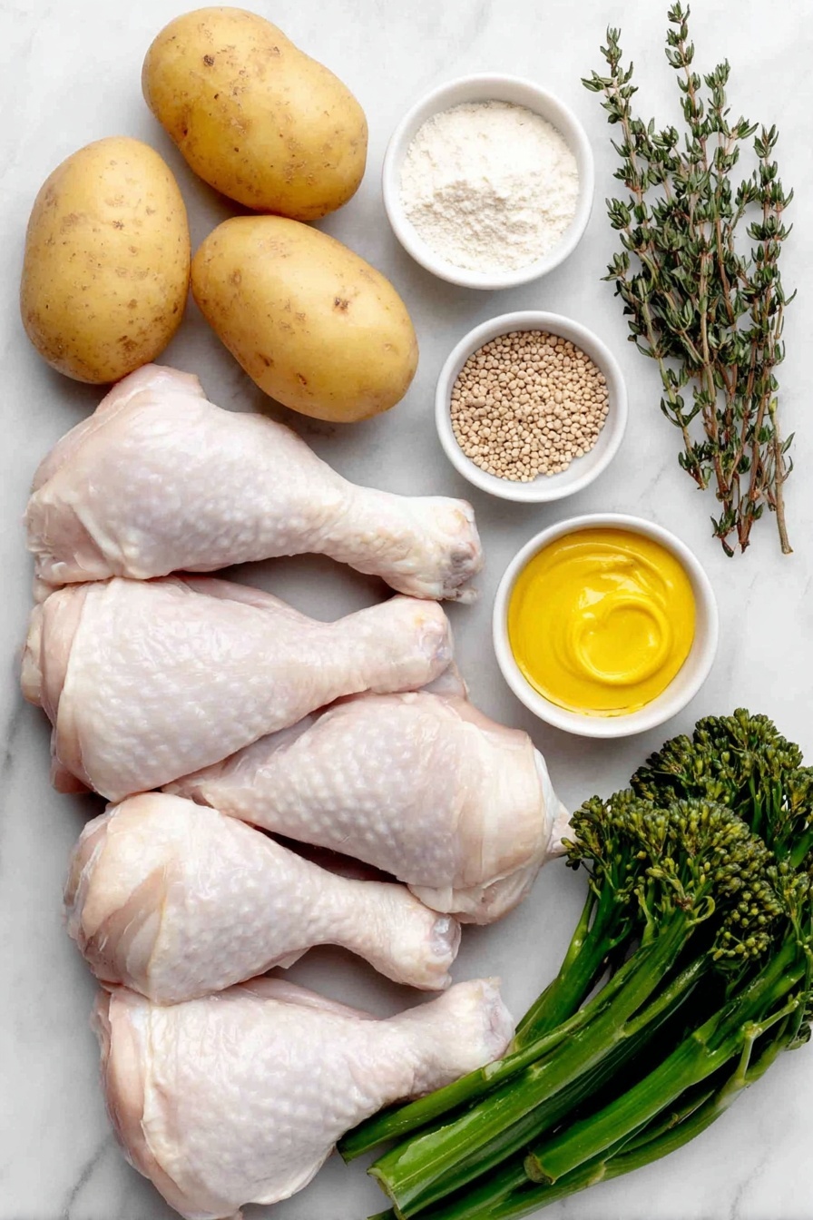 Flat lay of fresh whole raw chicken drumsticks with skin, a small pile of smooth golden potatoes, a small white bowl of vibrant golden honey, a small white bowl of bright yellow Dijon mustard, a small white bowl of coarse wholegrain mustard seeds in mustard, a single peeled garlic clove, a small white bowl of clear olive oil, a small white bowl of light beige cornflour powder, fresh green thyme sprigs scattered and a few crisp dark green broccolini stalks, all arranged symmetrically and realistically proportioned in simple white ceramic bowls and dishes, placed on a clean white marble surface, soft natural light, photo taken with an iPhone, professional food photography style, fresh ingredients, white ceramic bowls, no bottles, no duplicates, no utensils, no packaging --ar 2:3 --v 7 --p m7354615311229779997 - Honey Mustard Baked Chicken Drumsticks, baked chicken drumsticks recipes, easy chicken drumstick ideas, weeknight chicken dinner, flavorful baked chicken