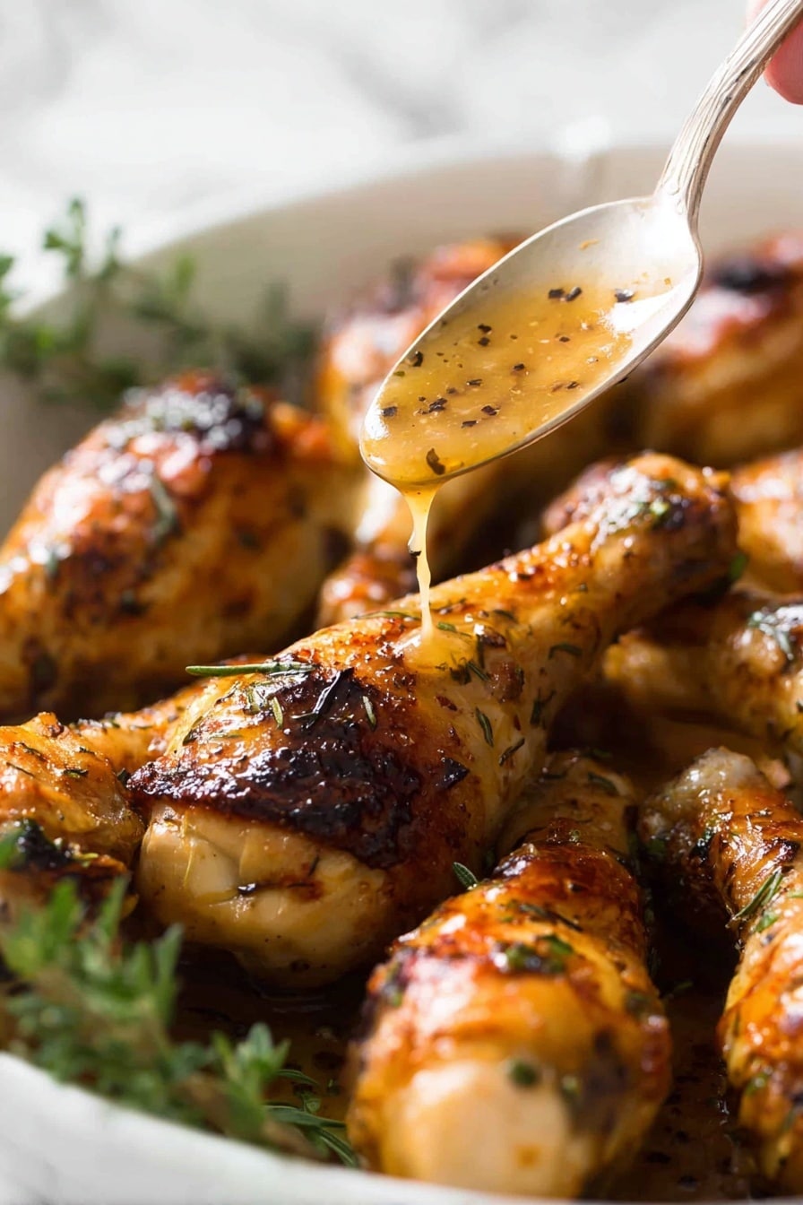 A baking tray is shown filled with cooked food divided into two sides by foil; the left side has seven browned chicken drumsticks with herbs sprinkled on them, resting in a light golden sauce with some dark browned spots, and a silver spoon lies at the bottom left corner; the right side holds four golden-brown roasted potato slices with grill marks, along with several bright green broccolini stalks scattered around on a white marbled surface visible beneath the tray photo taken with an iphone --ar 2:3 --v 7 - Honey Mustard Baked Chicken Drumsticks, baked chicken drumsticks recipes, easy chicken drumstick ideas, weeknight chicken dinner, flavorful baked chicken