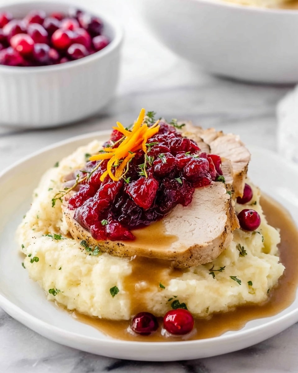 A white plate holds a serving of creamy mashed potatoes as the bottom layer, smooth and pale in color with some green herb sprinkles on top. On this sits two slices of cooked turkey, light brown with a slight sear on the edges, arranged neatly side by side. A thick brown gravy sauce is poured over the turkey slices, slightly dripping onto the mashed potatoes. On top of the turkey and gravy is a bright red cranberry sauce, chunky with whole cranberries and a few orange zest strips adding color. The dish sits on a white marbled surface with a blurred white bowl of extra cranberry sauce in the background. Photo taken with an iphone --ar 4:5 --v 7