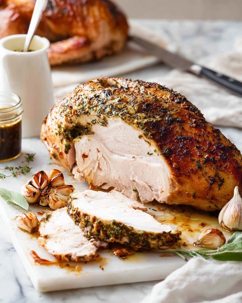 A large piece of cooked seasoned turkey with golden-brown skin and a thick layer of herbs between the skin and meat sits on a white marbled surface. The turkey is sliced to show the juicy and tender pale meat inside, with one thin slice placed in front of the main piece. Around the turkey are roasted garlic cloves and a small green herb sprig, with juices and oil spread on the surface. To the left, a white jar with a dark oil and a spoon inside is visible, next to a knife with some drips on the blade. In the background, another turkey piece is slightly out of focus. Photo taken with an iphone --ar 4:5 --v 7