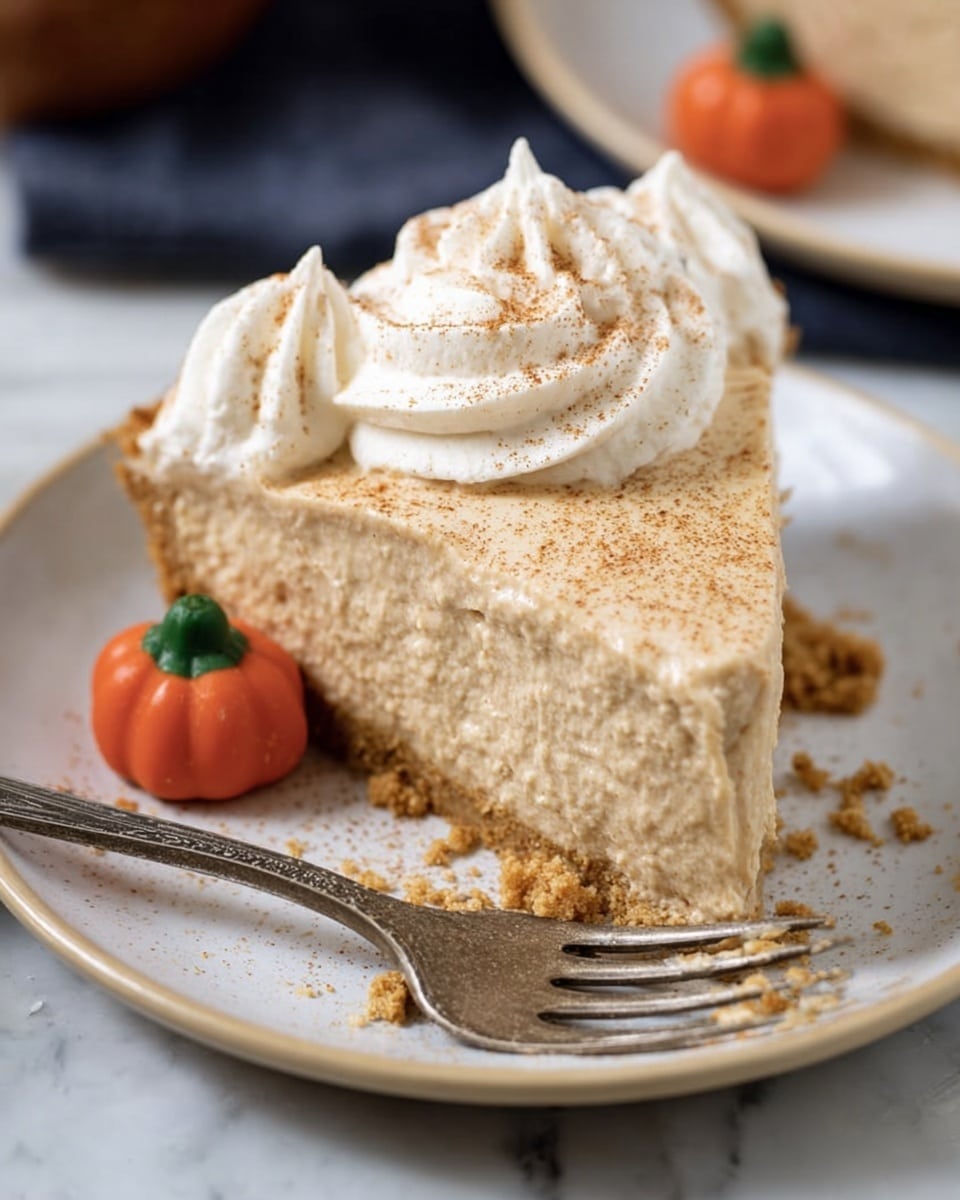 A slice of light brown creamy pie with a crumbly crust sits on a white plate. The pie slice has one layer, which is thick and smooth with a soft texture, topped with a dollop of white whipped cream sprinkled with fine brown spice. A silver fork touches the side of the slice, and a small red-orange pumpkin candy with a green top is next to the slice on the plate. The background surface is white marbled texture with part of the remaining pie blurred in the back photo taken with an iphone --ar 4:5 --v 7