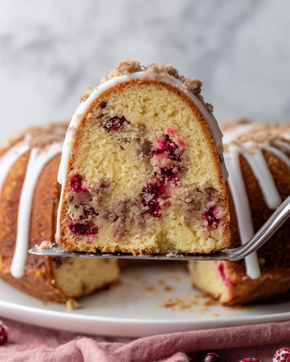 A close-up of a slice of bundt cake held on a metal spatula above a white plate with remaining cake slices in the background, the cake has a golden-brown crust and light yellow interior filled with red berry pieces and a middle layer of brown crumbly streusel, topped with white icing that drips down the sides, all set against a white marbled background with a soft pink cloth partially visible at the bottom corner, photo taken with an iphone --ar 4:5 --v 7
