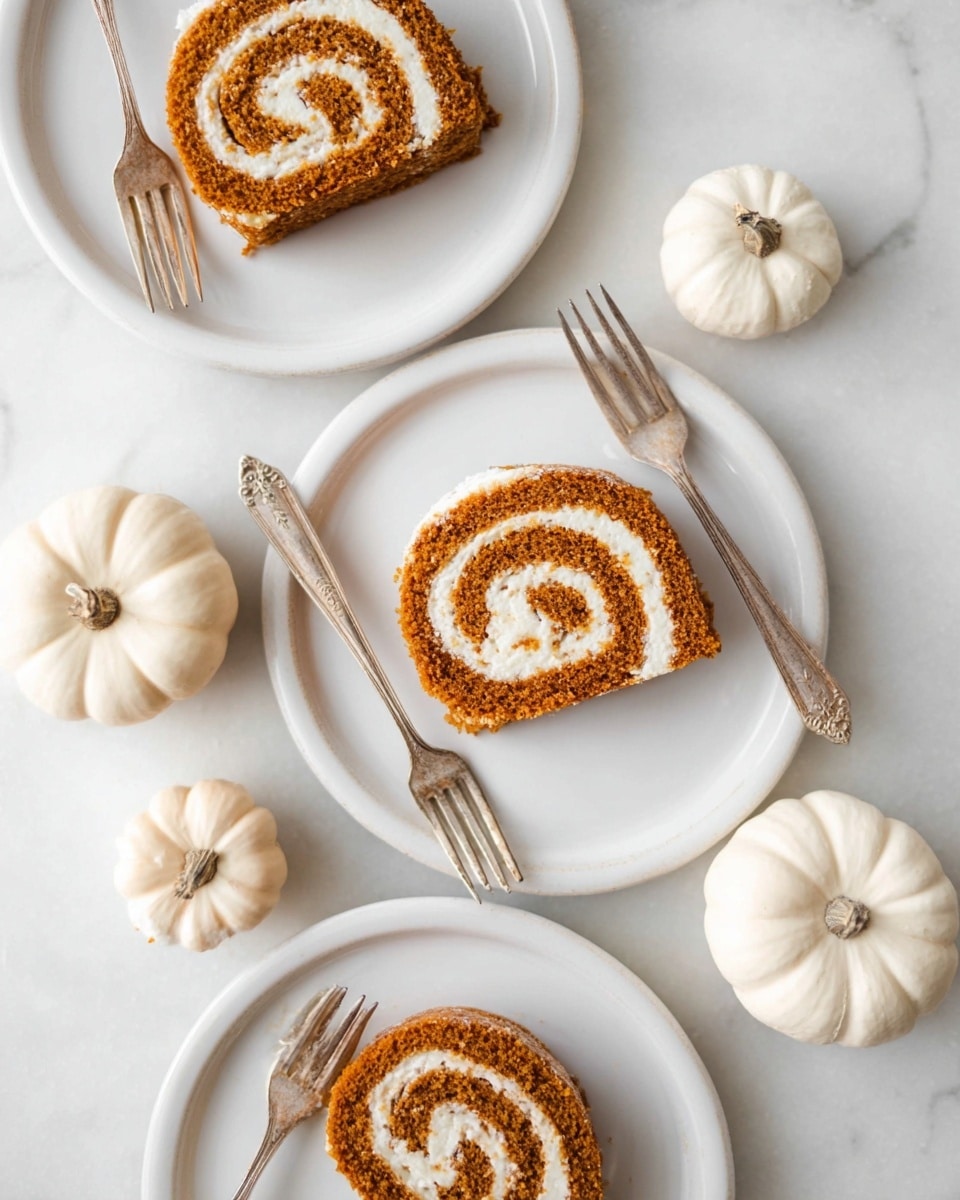 Three slices of a pumpkin roll are placed separately on white plates, each slice showing two visible layers: a soft, brown pumpkin cake layer rolled around a creamy white filling layer in a spiral design. Each plate has a silver fork resting on its edge. Around the plates, there are several small white pumpkins placed on a white marbled surface, giving a clean and fresh autumn feel. The photo is bright with natural light, highlighting the texture of the cake and cream. photo taken with an iphone --ar 4:5 --v 7