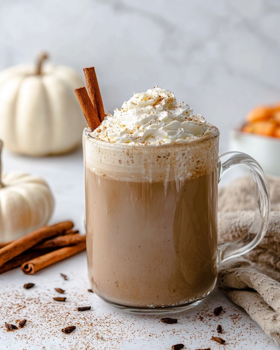 A clear glass mug filled with a light brown creamy drink showing a slightly darker layer at the bottom, topped with a swirl of white whipped cream sprinkled with fine brown spice, and two cinnamon sticks standing in the whipped cream. The mug is on a white marbled surface sprinkled with brown spice and whole cloves, with a beige cloth and cinnamon sticks nearby. In the background, there is a white pumpkin and a white bowl with orange contents, all against a soft white marbled backdrop. Photo taken with an iphone --ar 4:5 --v 7