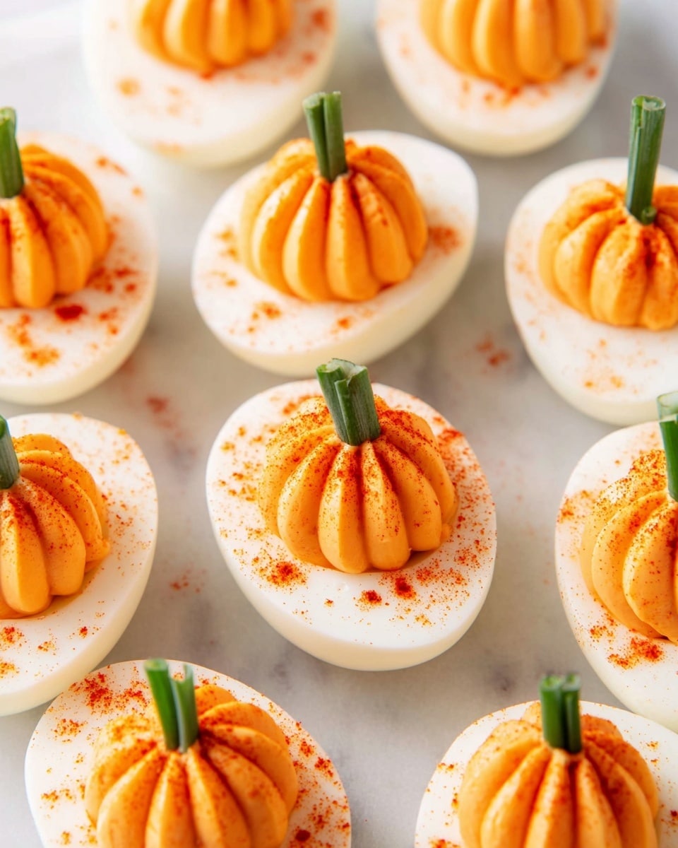 A white plate holds several deviled eggs cut in half, each filled with smooth orange filling shaped like a small pumpkin with gentle ridges. Each egg half features a small green chive piece on top as the pumpkin stem. There are light red specks of seasoning scattered on the filling and around the eggs. The eggs are placed on a white marbled surface with a white cloth and a blue-grey cloth underneath part of the plate. One deviled egg is separated from the plate below, showing a bite taken out of it. Photo taken with an iphone --ar 4:5 --v 7