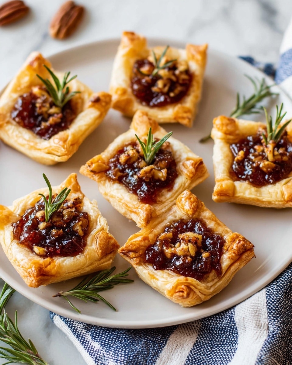 The image shows seven small square tarts on a white plate placed on a white marbled surface with a blue and white striped cloth nearby. Each tart has a golden, flaky crust that folds up at the edges. Inside each tart is a layer of dark red jam with a shiny, sticky texture, topped with small bits of chopped nuts that add a crunchy look. There is also a small sprig of fresh green rosemary on each tart, adding color contrast and a touch of freshness. One pecan nut is visible near the cloth, adding to the autumn feel. The photo taken with an iphone --ar 4:5 --v 7