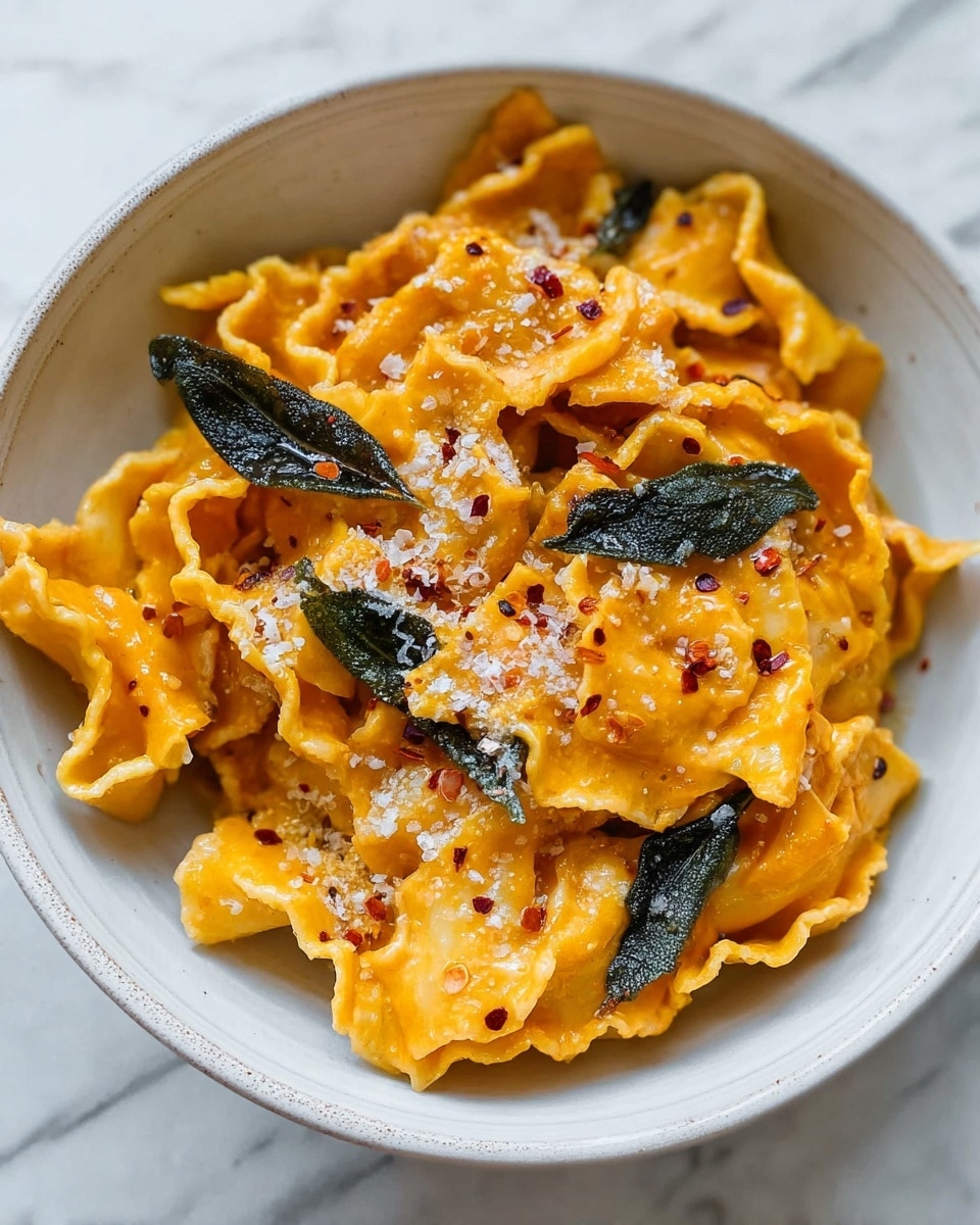 The dish shows a white bowl filled with several layers of yellow-orange pasta with wavy edges, covered in creamy sauce. The pasta layers are thick and twisted, with a smooth, slightly shiny texture. Scattered on top are a few dark, crispy sage leaves and a light dusting of white grated cheese. There are tiny red pepper flakes sprinkled over the pasta adding small pops of red color. The bowl sits on a white marbled surface. photo taken with an iphone --ar 4:5 --v 7