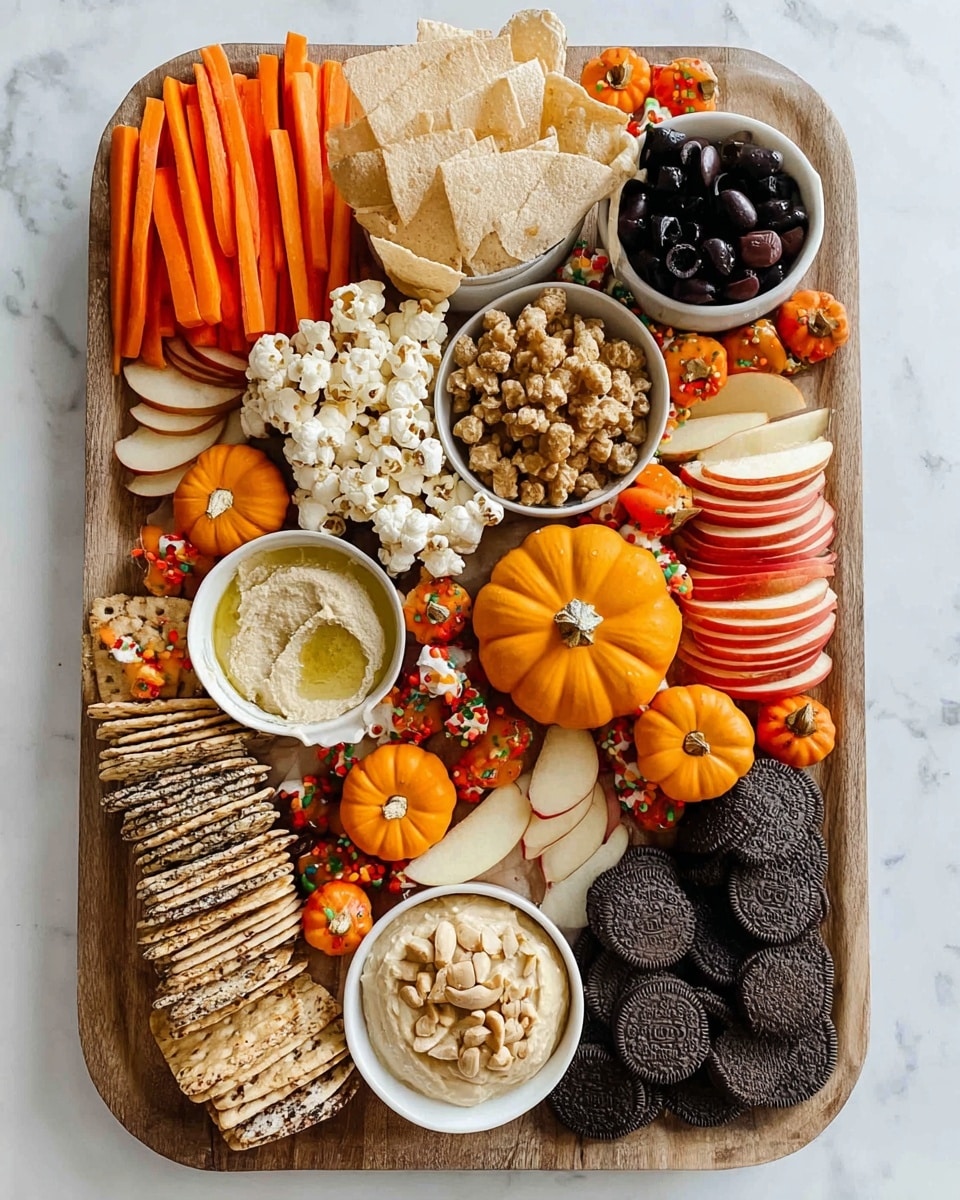 A large wooden tray holds a colorful snack board arranged in layers. On the top left, there are bright orange carrot sticks next to a pile of shiny black olives. Nearby, there are small red tomatoes, followed by a round white bowl filled with creamy beige hummus topped with olive oil. Around this bowl, there are beige pita chips. On the left side, white popcorn fills space beside mini orange candy pumpkins and a small white bowl with mixed nuts. In the center, thick caramel popcorn forms a large pile with a small orange pumpkin at its base. To the right, dark chocolate sandwich cookies are stacked next to apple slices forming a semi-circle. Another small white bowl contains light brown dip with chocolate shavings. Near the bowls, there are round crackers with seeds and red specks. Dark chocolate orange sandwich cookies form a row beside a small pumpkin in the bottom center. The tray rests on a white marbled surface. Photo taken with an iphone --ar 4:5 --v 7