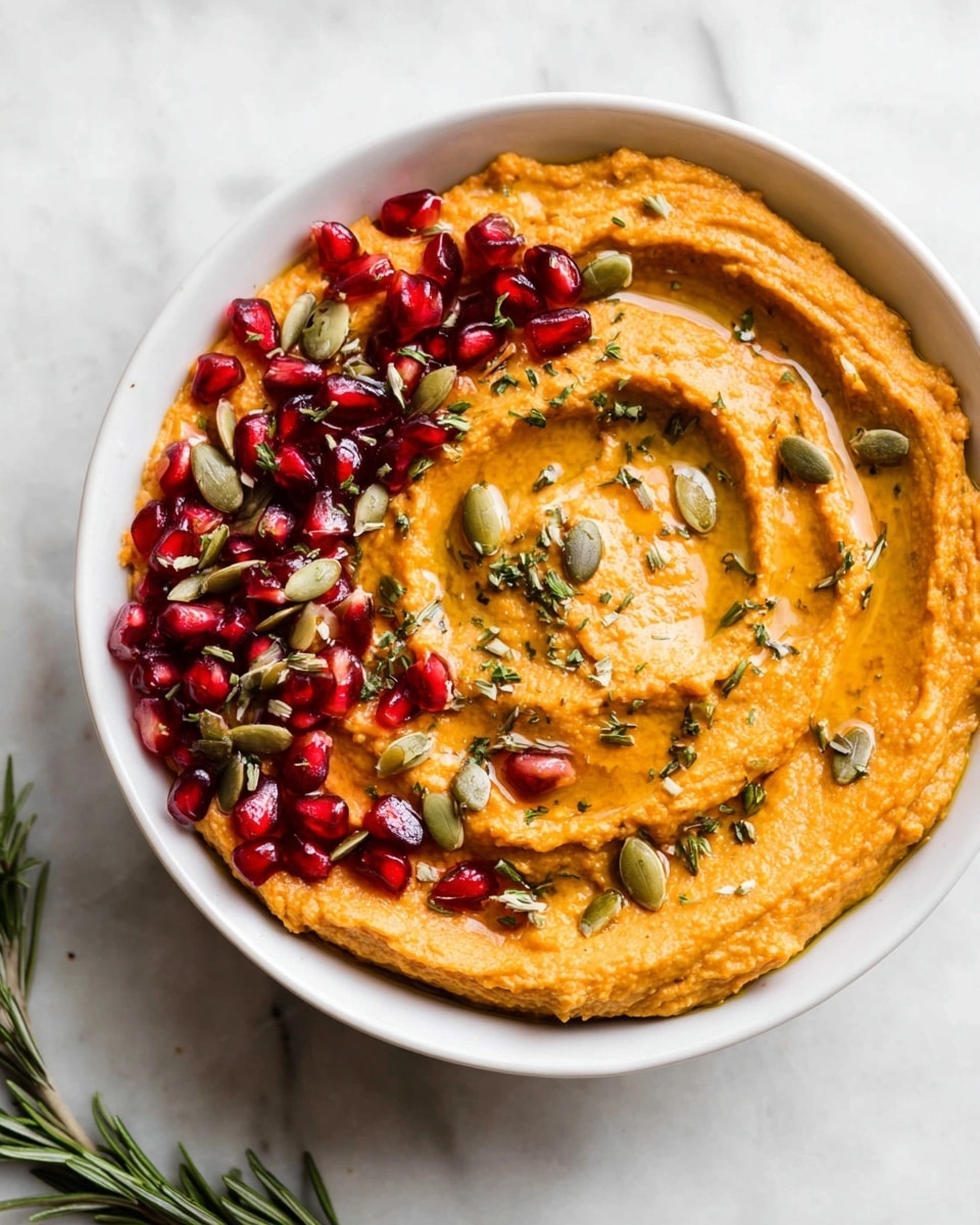 A white plate with a smooth orange hummus spread in a circular swirl pattern with a hollow center. The hummus is topped with a generous cluster of shiny, red pomegranate seeds and scattered green pumpkin seeds mainly along one side of the swirl, creating a colorful contrast. Small sprinkles of dark green herbs are scattered around the surface of the hummus. The plate sits on a white marbled texture surface with some pumpkin seeds and rosemary sprig near the top edge. Photo taken with an iphone --ar 4:5 --v 7
