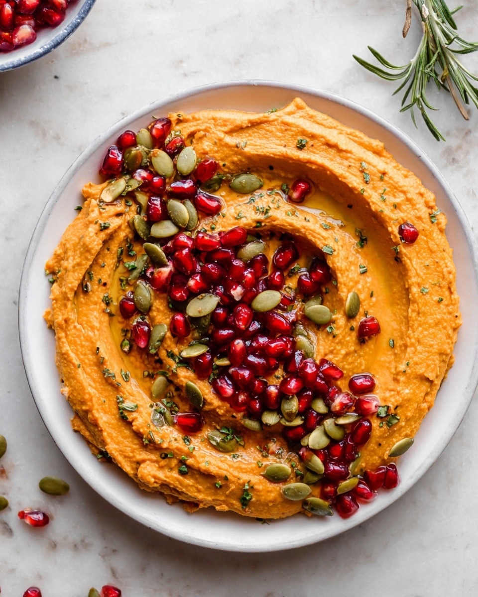 A white bowl filled with a thick layer of orange hummus that has a smooth, slightly textured surface with swirled ridges on top. On one side of the hummus, there is a cluster of glossy red pomegranate seeds mixed with green pumpkin seeds, creating a bright contrast. The hummus is drizzled with golden olive oil and sprinkled with small green herb flakes scattered evenly over the top. The bowl is placed on a white marbled surface with a small green rosemary sprig in the bottom left corner. photo taken with an iphone --ar 4:5 --v 7