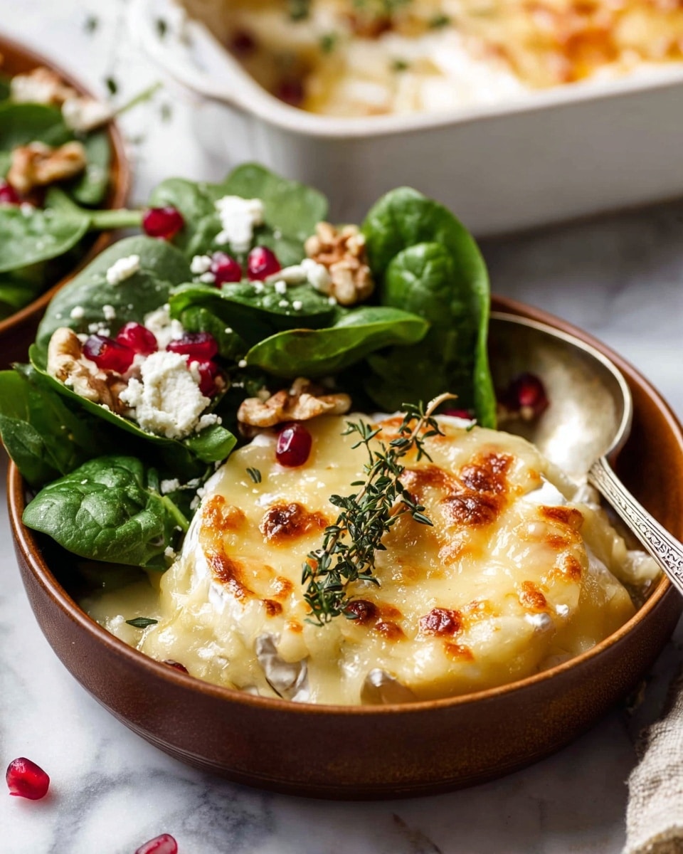 A brown bowl on a white marbled surface holds a creamy, baked potato dish with melted cheese on top, lightly browned and bubbling with a sprig of fresh green thyme placed across the top layer. To the left in the bowl is a fresh spinach salad with bright green leaves, sprinkled with white crumbled cheese, scattered red pomegranate seeds, and a few walnut pieces, adding texture and color contrast. A silver spoon rests in the potato dish on the right side of the bowl. In the background, a white baking dish with browned edges sits on a white marbled surface. photo taken with an iphone --ar 4:5 --v 7