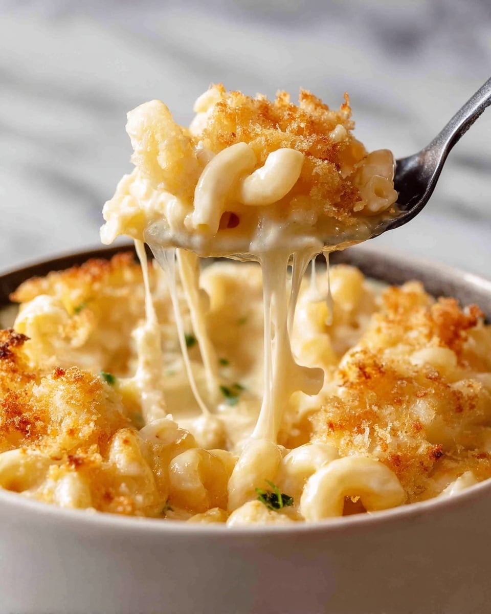 A close-up of a spoon lifting a scoop of creamy macaroni and cheese from a white bowl. The dish has three layers: at the bottom, white elbow macaroni visible in a thick, smooth, pale yellow cheese sauce; the middle shows stretchy, melted cheese strings pulling up from the bowl to the spoon; the top layer is golden brown, crispy cheese crumbs with a slightly rough texture. Small green herb bits are scattered inside the cheesy sauce. The bowl sits on a white marbled surface. photo taken with an iphone --ar 4:5 --v 7