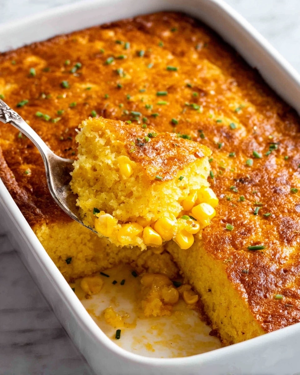 The image shows a white rectangular baking dish filled with a golden brown corn casserole. The casserole has a slightly crispy top layer sprinkled with small green chives bits. The inside is bright yellow with visible corn kernels scattered throughout, showing a soft and moist texture. A silver spoon lifts a scoop from the dish, revealing the cheesy, creamy layers underneath the browned crust. The dish is placed on a white marbled surface. Photo taken with an iphone --ar 4:5 --v 7