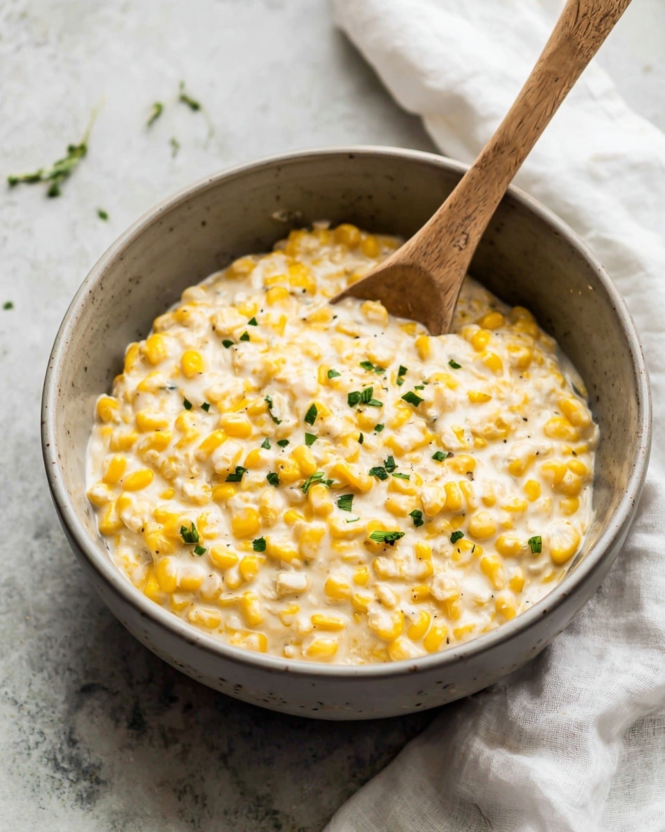 A gray bowl filled with creamy corn at the center of the image, with bright yellow corn kernels mixed in a white creamy sauce, garnished with small green herb pieces on top; a wooden spoon rests inside the bowl on the left side with its handle pointing straight up; the bowl is placed on a white marbled texture surface with a white cloth slightly visible on the top right corner photo taken with an iphone --ar 4:5 --v 7