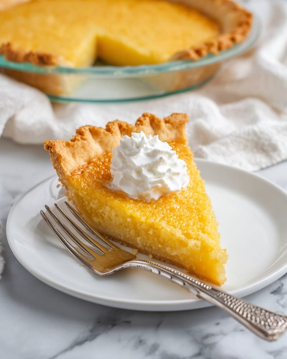 A single slice of yellow pie with a golden, slightly crispy top layer and a light, smooth filling is placed on a white plate. The pie crust is thick, light brown, and crimped around the edge. A dollop of white whipped cream rests on top of the pie slice. Next to the pie slice, a silver fork with a patterned handle lies on the plate. Behind the slice, the rest of the pie is partially visible in a clear glass pie dish, showing the same golden crust and filling. The setup is on a white marbled surface with a soft white cloth nearby. Photo taken with an iphone --ar 4:5 --v 7