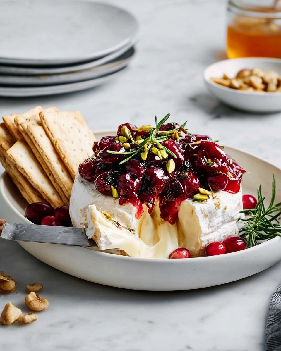 A round baked cheese wheel with a white rind sits on a white bowl, topped with a thick layer of dark red cherry sauce that drips down the sides. The cheese is soft and creamy on the inside with a small hollow visible. The cherry topping is sprinkled with chopped green pistachios and small orange zest pieces, with a few sprigs of fresh green rosemary placed on top. Around the cheese on the bowl are more rosemary sprigs and some red cranberries. Two beige crackers lean against the cheese on the left side. In the background, there is a glass jar of honey with a wooden honey dipper, a stack of white plates, and a smaller white bowl filled with more chopped pistachios. All items sit on a white marbled surface. Photo taken with an iphone --ar 4:5 --v 7