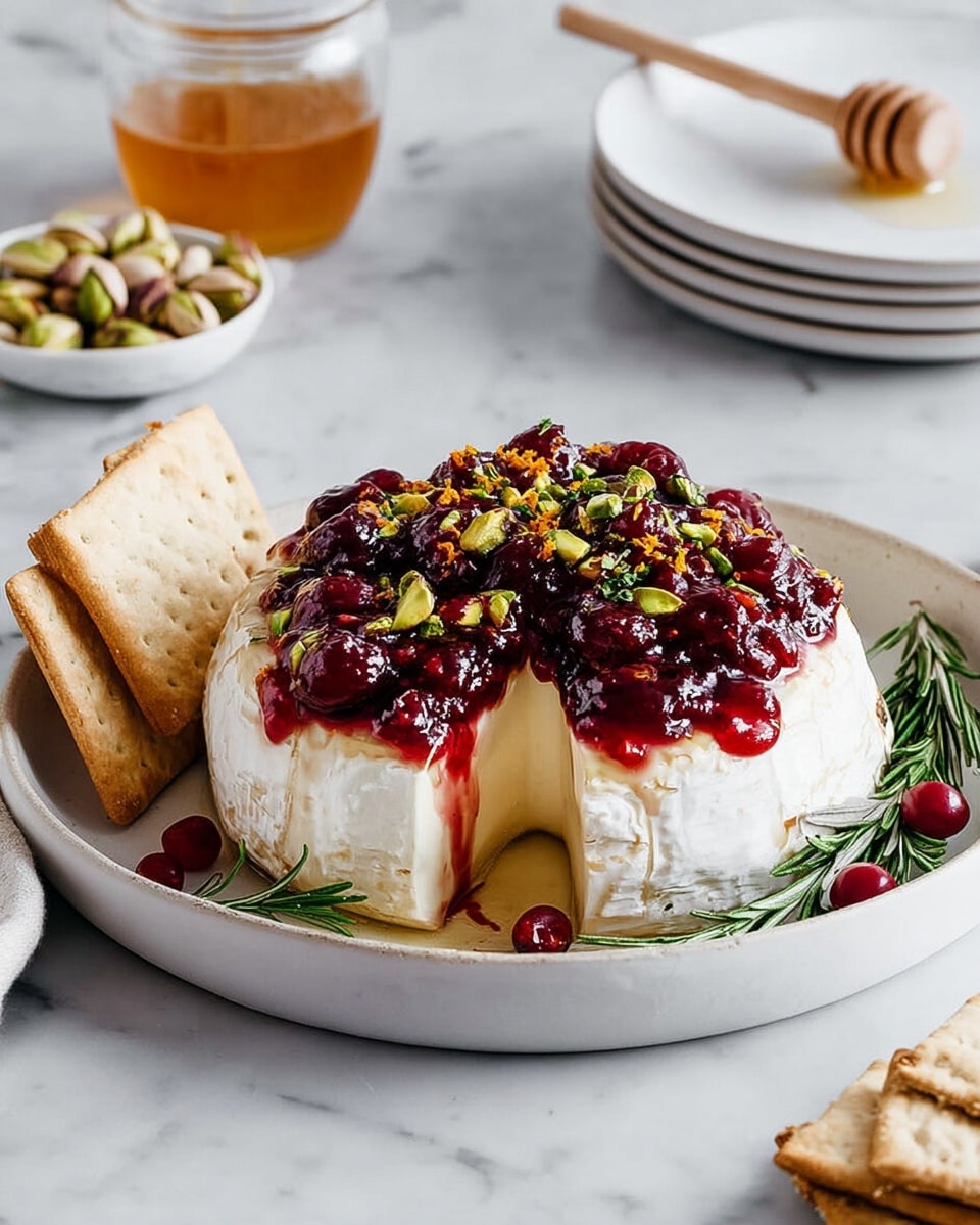 A round wheel of creamy, soft cheese with a white rind is placed in the center of a shallow white bowl. The cheese is topped with a layer of dark red roasted cherries or similar fruit that are shiny and slightly wet, spilling some juice down the sides. On top of the fruit, there are small pieces of green nuts and slivers of orange zest scattered with thin rosemary sprigs. A knife lifting a gooey, melted portion of the cheese reveals its stretchy, creamy inside. Around the cheese, there are several light brown crackers leaning against it, along with fresh rosemary sprigs and bright red cranberries resting inside the bowl. The whole setting is on a white marbled surface, with a stack of plain white plates, a small white bowl with nuts, and a glass jar with honey in the background. photo taken with an iphone --ar 4:5 --v 7