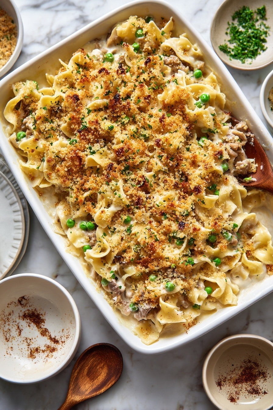 The image shows a white rectangular baking dish filled with a creamy pasta casserole topped with a golden brown crumb crust. The pasta beneath is wide egg noodles, mixed with small green peas and pieces of tender meat, all coated in a thick, light beige sauce. The crispy, toasted crumb layer on top is evenly spread, with a slightly rough texture and some green herb specks. The dish is placed on a white marbled surface, surrounded by various white bowls and plates with small amounts of sauce and spice remnants. A wooden spoon rests in one bowl, showing traces of the creamy sauce. photo taken with an iphone --ar 2:3 --v 7 - Creamy Tuna Noodle Casserole with Parmesan Breadcrumb Topping, tuna noodle casserole, cheesy tuna bake, quick comfort food, easy tuna casserole recipe
