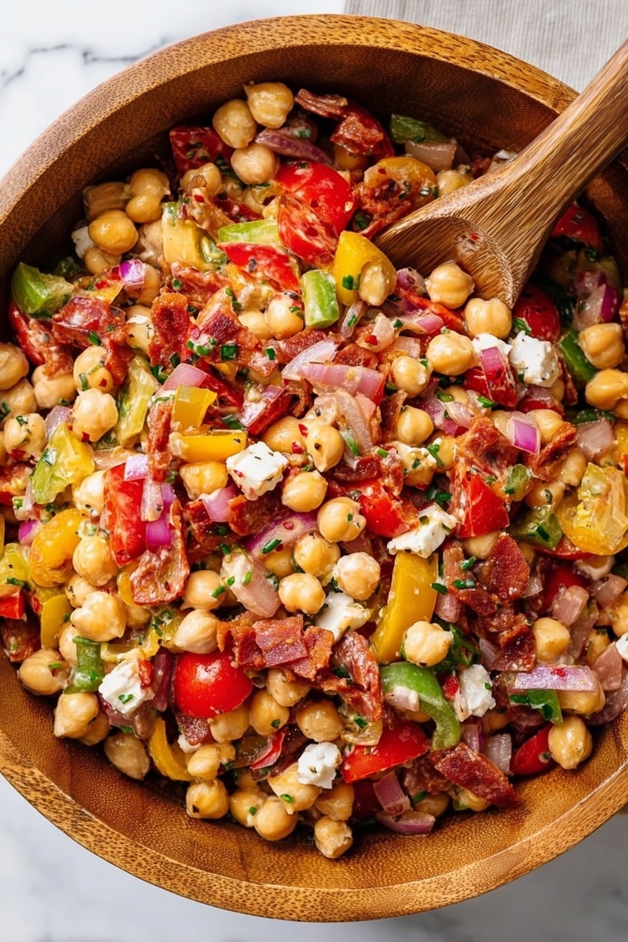 A large wooden bowl filled with a colorful mixed salad sitting on a white marbled surface. The salad has multiple layers including small whole chickpeas, white beans, chopped red onion pieces, and thin slices of red and yellow bell peppers. There are also halved cherry tomatoes, small cubes of white cheese, and thin, irregular strips of reddish cured meat scattered throughout. A wooden spoon rests inside the bowl, partially submerged in the salad, adding texture contrast. The overall look is vibrant with a mix of creamy, red, green, and yellow colors evenly spread and lightly coated in a glossy dressing. photo taken with an iphone --ar 2:3 --v 7 - Dense Bean Salad with Sun-Dried Tomato Vinaigrette, hearty bean salad, healthy veggie salad, protein-packed salads, flavorful sun-dried tomato salad