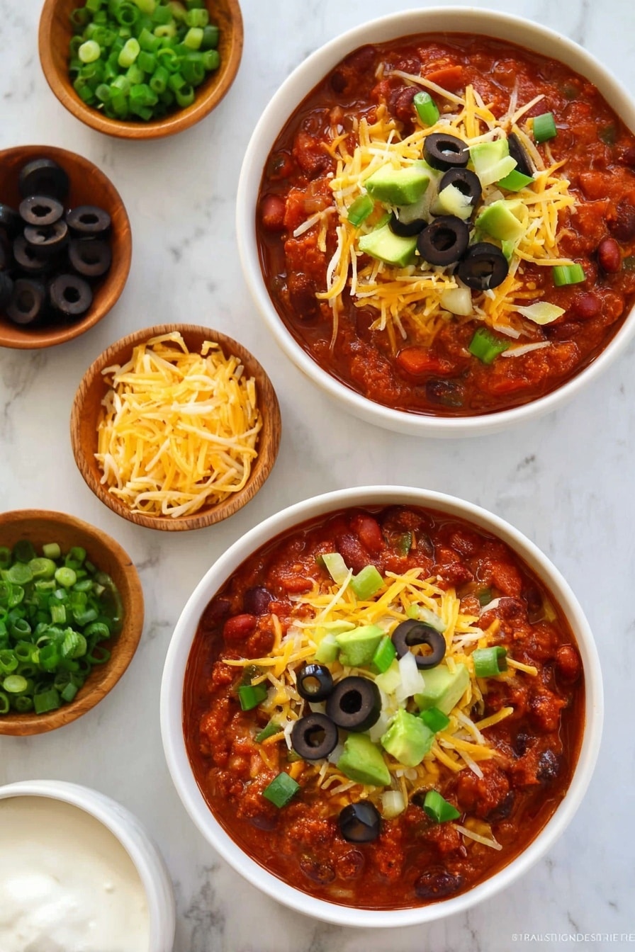 Two white bowls filled with thick red chili that has visible beans and chunks of vegetables. Each bowl is topped with shredded yellow cheese, sliced black olives, chopped green onions, and small pieces of green avocado. Around the bowls are small wooden bowls holding more chopped green onions, shredded yellow cheese, and sliced black olives. In the lower left corner, there is a white bowl with a white creamy sauce. The background is a white marbled surface. Photo taken with an iphone --ar 2:3 --v 7 - Leftover Turkey Chili, quick turkey chili, easy leftover turkey recipes, hearty Turkey chili, 30-minute chili recipe