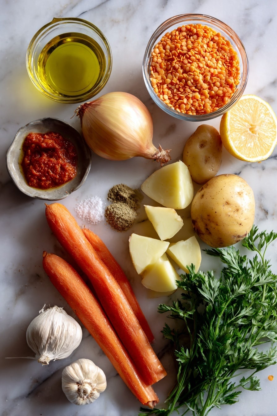 Flat lay of a small glass bowl of extra virgin olive oil, one whole onion, one medium carrot, one rib of celery, three garlic cloves, a small heap of ground cumin, a small spoonful of tomato paste, two medium potatoes cut into chunks, a large measuring cup filled with red lentils, a lemon cut into wedges, and a small bunch of chopped parsley placed on a white marble surface, photo taken with an iphone --ar 2:3 --v 7 - Creamy Red Lentil Soup, hearty high-protein vegan soup, easy one-pot lentil soup, quick healthy red lentil meal, comforting plant-based soup