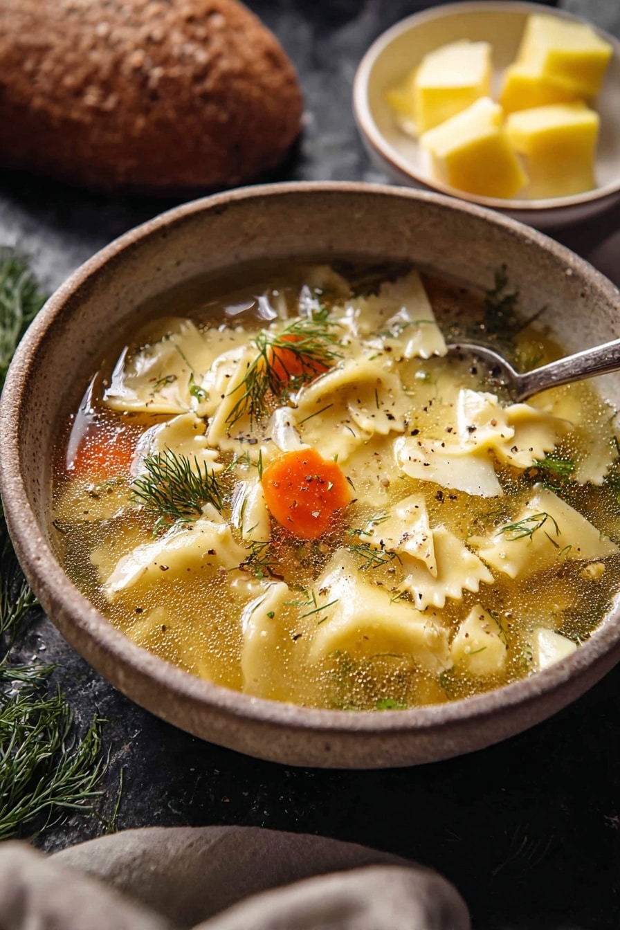 A bowl of clear broth soup filled with light yellow pasta pieces that have jagged edges floating on the surface, with small orange carrot slices peeking through and fresh green dill sprigs scattered on top. The soup has a slightly oily surface with specks of black pepper visible, and thin shavings of a pale yellow cheese resting on some pasta. The bowl is rough-textured and earthy in tone, set against a dark background with a spoon resting inside. In the background, there is a white bowl with yellow cheese wedges and dill, and a round brown loaf of bread on a white marbled texture. photo taken with an iphone --ar 2:3 --v 7 - Lemony Pesto Chicken Noodle Soup, lemon chicken noodle soup, pesto chicken soup recipe, healthy chicken noodle soup, easy lemon pesto soup