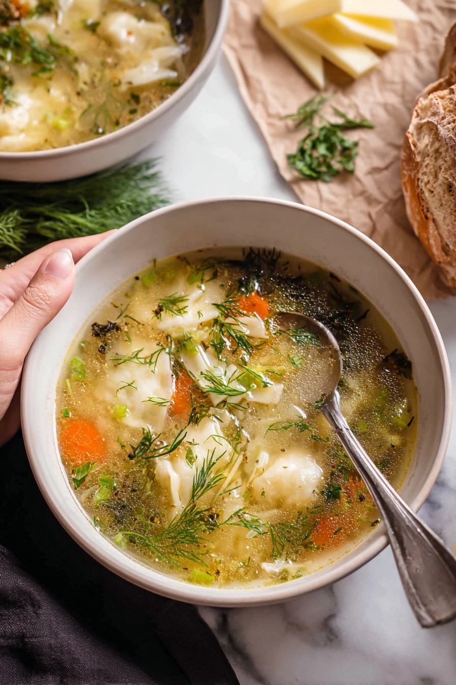 A white bowl filled with a clear broth soup that has soft textured vegetable pieces like white dumpling strips, bright orange carrot slices, and green herbs floating on top, including fresh dill and chopped green onions; a silver spoon rests inside the bowl with a woman's hand holding it gently from the side. Behind the bowl, another white bowl contains light yellow cheese wedges and extra sprigs of fresh dill. To the right, there is a piece of crusty brown bread on a piece of brown paper. All items are set on a white marbled surface. photo taken with an iphone --ar 2:3 --v 7 - Lemony Pesto Chicken Noodle Soup, lemon chicken noodle soup, pesto chicken soup recipe, healthy chicken noodle soup, easy lemon pesto soup