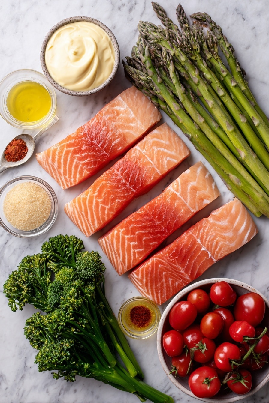 Flat lay of four thick salmon fillets with skin on, two bunches of fresh green asparagus, one bunch of broccolini with small florets, a small bowl overflowing with bright red cherry tomatoes, a small dish of golden brown sugar, a tiny ramekin of creamy mayonnaise, a small spoonful of Dijon mustard, a drizzle of olive oil in a shallow dish, and a pinch of cayenne pepper in a small heap, all placed on a white marble surface, photo taken with an iphone --ar 2:3 --v 7 - Brown Sugar Broiled Salmon with Roasted Asparagus and Cherry Tomatoes, baked salmon with sweet glaze, healthy salmon dinner, easy weeknight salmon recipe, caramelized salmon and veggies
