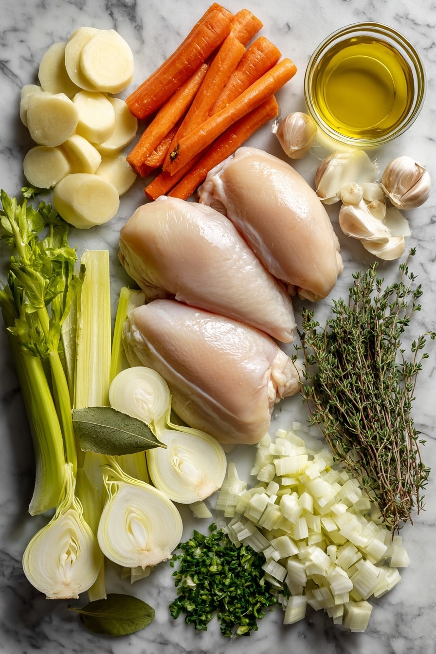 Flat lay of two whole boneless skinless chicken breasts, four medium peeled and sliced carrots, three peeled and sliced parsnips, three sliced celery ribs, half a medium diced onion, one halved and sliced leek, four minced garlic cloves, two sprigs each of fresh thyme and fresh tarragon, one bay leaf, a small bowl of extra virgin olive oil, and a small bunch of roughly chopped fresh parsley placed on a white marble surface, photo taken with an iphone --ar 2:3 --v 7 - Ultimate Chicken Soup, chicken soup recipe, cozy chicken soup, homemade chicken soup, healthy chicken soup