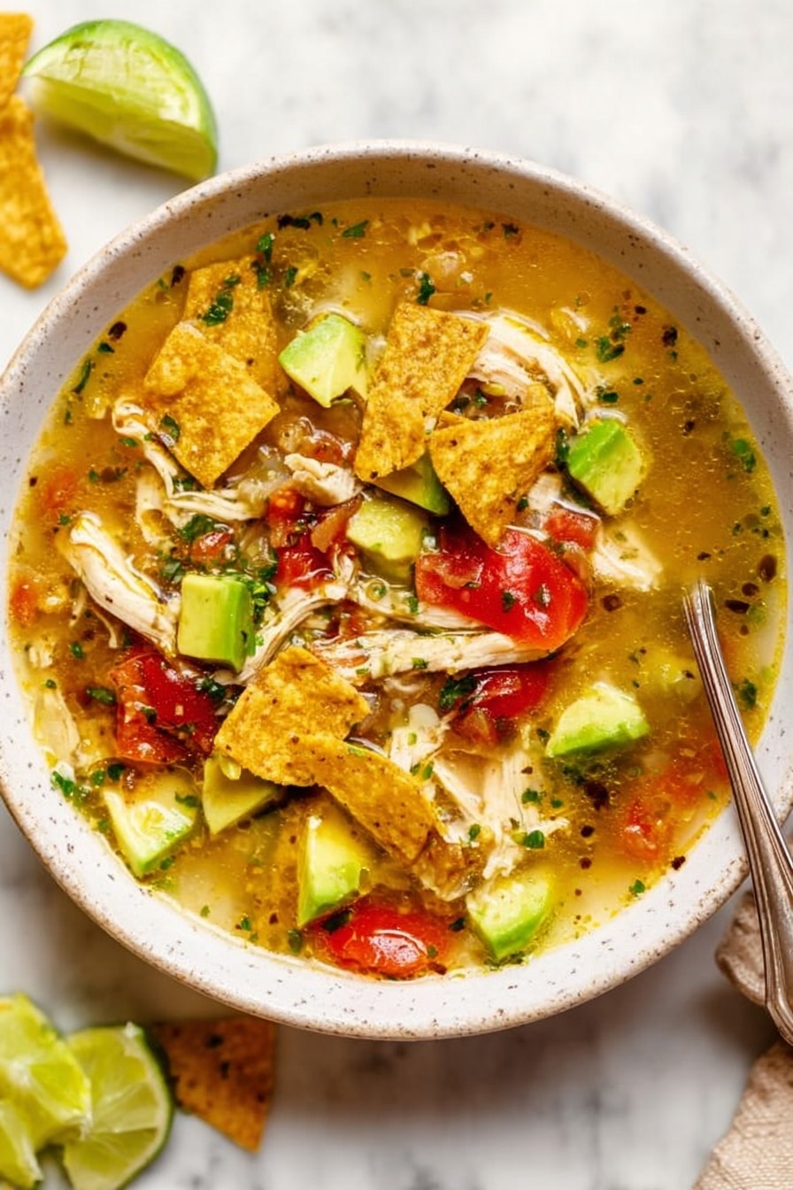 A white bowl filled with a colorful soup containing shredded light-colored chicken, bright green avocado cubes, chunky red tomatoes, and crispy broken tortilla chips scattered on top, all in a light broth with small green herb pieces sprinkled throughout; the bowl sits on a white marbled surface with a whole dark green avocado and a small white bowl of lime wedges above it, and a small white bowl of more tortilla chips below it, with a metal spoon next to the bowl. photo taken with an iphone --ar 2:3 --v 7 - Sopa de Lima, Yucatecan lime soup, Mexican lime soup, easy Sopa de Lima, authentic Sopa de Lima recipe