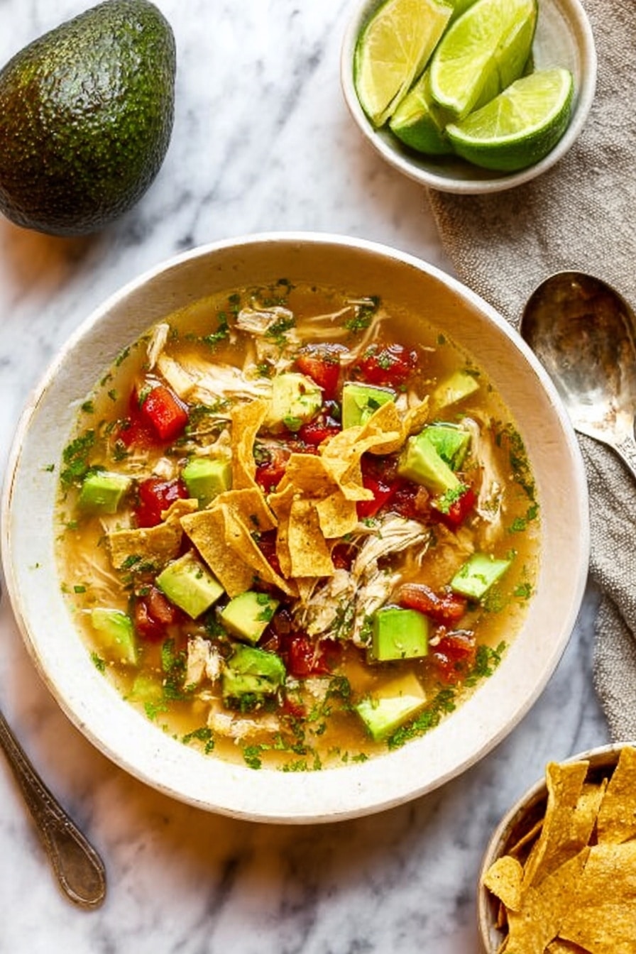A top view of a large white pot filled with clear soup that has shredded white chicken pieces, small red tomato chunks, green herbs, and floating bits of onions and peppers. A wooden spoon with a long handle is lifting some soup and chicken from the pot. Around the pot, there is a white bowl with lime wedges, a whole avocado, some green cilantro leaves, and a small white bowl filled with round yellow tortilla chips, all placed on a white marbled surface. photo taken with an iphone --ar 2:3 --v 7 - Sopa de Lima, Yucatecan lime soup, Mexican lime soup, easy Sopa de Lima, authentic Sopa de Lima recipe