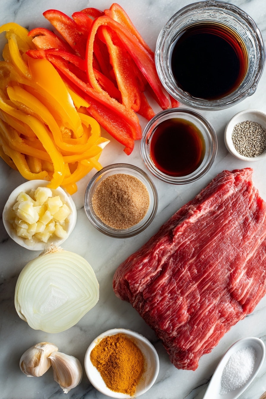 Flat lay of a thick flank steak cut into a large piece, two colorful bell peppers sliced thinly, a halved onion with thin slices next to it, three small garlic cloves peeled, a small pile of fresh minced ginger, a small bowl of dark honey, a smaller bowl of packed brown sugar, a glass container of deep red wine vinegar, a small dish of dark soy sauce, a tiny cup of sesame oil, a small heap of freshly ground black pepper, a teaspoon of cornstarch powder on a white spoon, all placed on a white marble surface, photo taken with an iphone --ar 2:3 --v 7 - Pepper Steak with Onion, Pepper Steak with Onion recipe, Easy Pepper Steak with Onion, Tender Pepper Steak with Onion, Beef and Onion Stir Fry