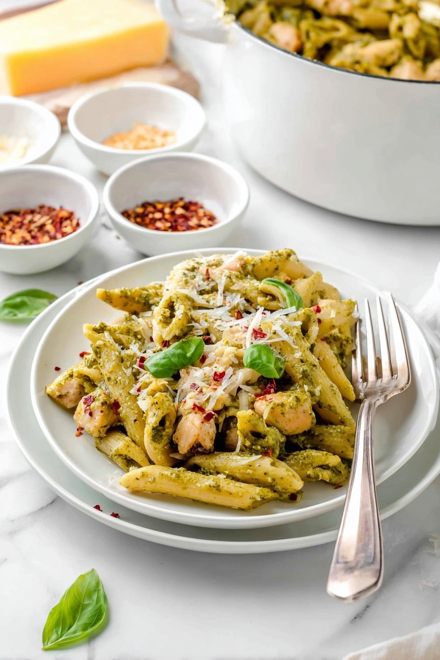The image shows a white plate resting on a white marbled surface, filled with penne pasta covered in green pesto sauce, mixed with small pieces of cooked chicken in light brown color, scattered red pepper flakes, and topped with fresh green basil leaves and white shredded cheese. Beside the plate, there is a silver fork on the right side. In the background, there is a white pot containing more of the same pasta dish. Surrounding the pot are small white bowls holding spices, including red flakes and a light-colored powdered seasoning, and a piece of yellow cheese rests near the bowls. Photo taken with an iphone --ar 2:3 --v 7 - Creamy Chicken Pesto Pasta with Sun-Dried Tomatoes, flavorful pasta dishes, easy chicken pasta recipes, quick weeknight dinners, gourmet pasta ideas