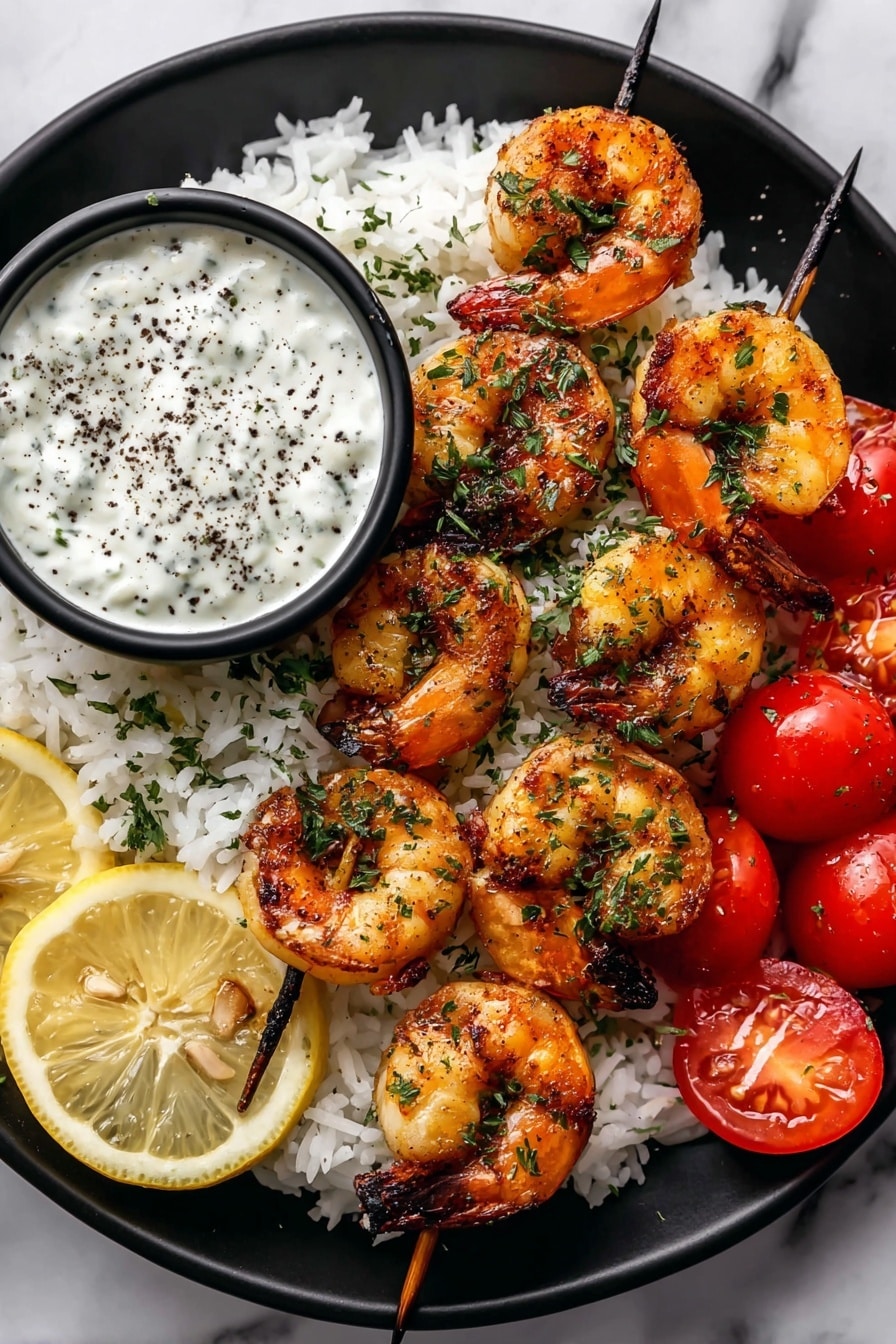 The image shows a black round plate filled with a shrimp dish. There are two skewers of grilled shrimp placed diagonally on top of a bed of white rice. The shrimp are golden with a sprinkle of green herbs. To the left of the skewers, there is a small black bowl with a creamy white sauce topped with cracked black pepper. Below the bowl, two lemon wedges rest on the plate. To the right of the lemon wedges, there are several halved cherry tomatoes in bright red color. The background has a white marbled texture. photo taken with an iphone --ar 2:3 --v 7 - Chimichurri Shrimp with Rice and Tzatziki, flavorful shrimp recipes, quick seafood dinners, healthy dinner ideas, easy shrimp recipes
