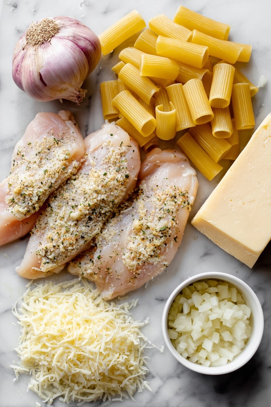 Flat lay of raw chicken tenderloins coated with Italian seasoning and shredded parmesan, finely diced yellow onion, peeled garlic cloves, a small pile of dried pasta, a wedge of Parmesan cheese with some shavings, a stick of butter, and a small bowl of creamy half and half, placed on a white marble surface, photo taken with an iphone --ar 2:3 --v 7 - One Pot Creamy Parmesan Chicken Pasta, creamy chicken pasta with Parmesan, easy one pot chicken pasta, cheesy chicken pasta dinner, quick creamy pasta recipe