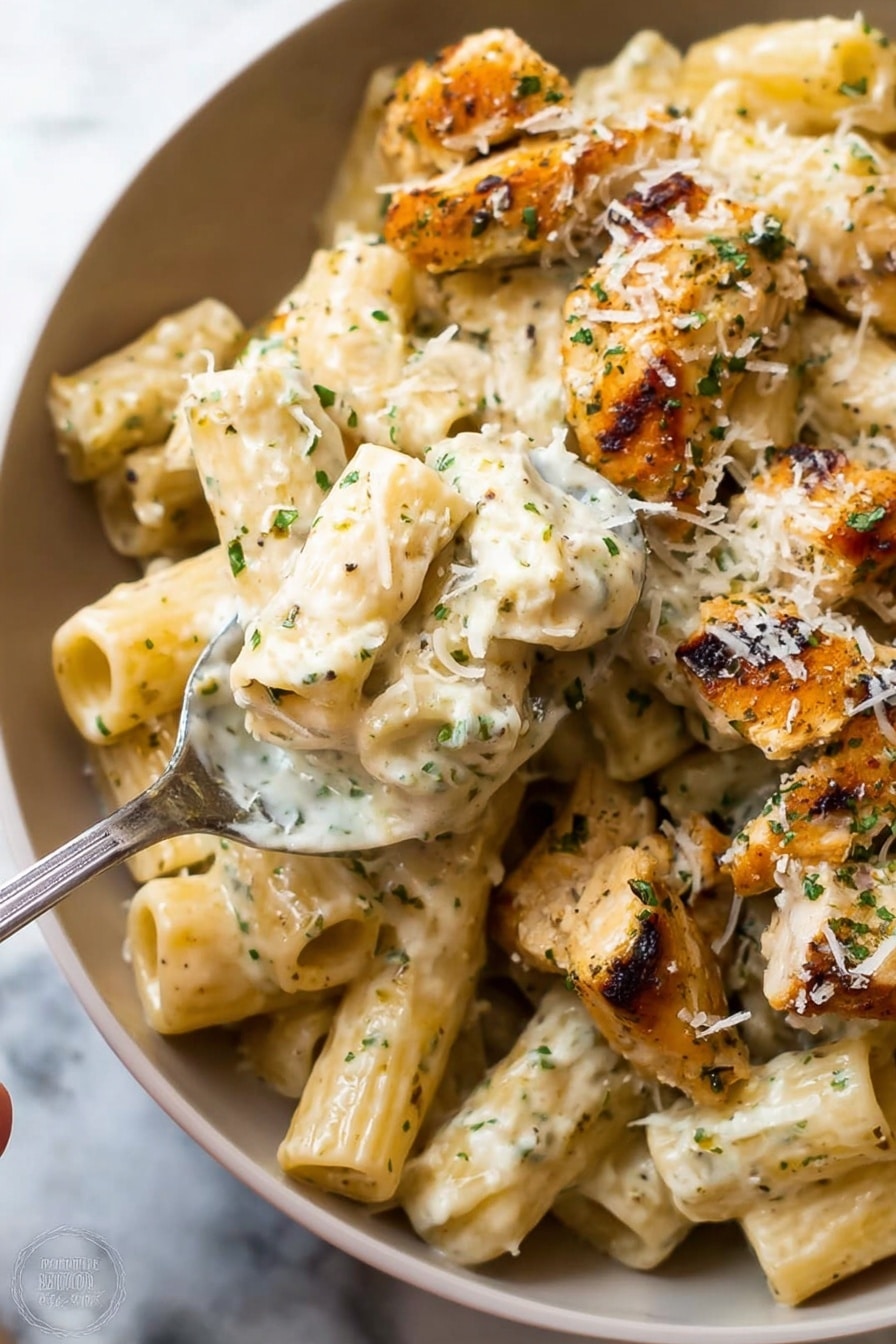 The image shows a close-up of rigatoni pasta coated in a creamy, white sauce with small green herb bits, lifted by a woman's hand holding a spoon. The pasta is mixed with pieces of grilled chicken, which are golden brown with a slightly crispy texture and sprinkled with grated white cheese and herbs. The dish is served in a white bowl, placed on a white marbled surface. photo taken with an iphone --ar 2:3 --v 7 - One Pot Creamy Parmesan Chicken Pasta, creamy chicken pasta with Parmesan, easy one pot chicken pasta, cheesy chicken pasta dinner, quick creamy pasta recipe