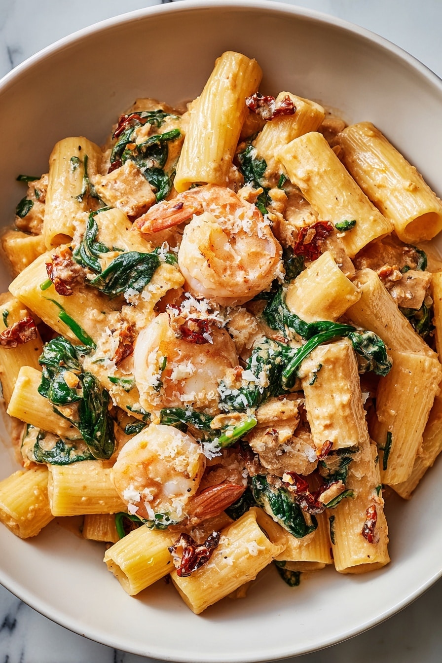 The dish shows rigatoni pasta mixed with creamy orange-colored sauce, with visible pieces of cooked shrimp and wilted dark green spinach leaves spread evenly throughout. Small bits of sun-dried tomatoes and grated white cheese are sprinkled on top. The pasta and shrimp have a smooth, slightly shiny texture, while the spinach adds contrast with its soft, leafy texture. The food is served in a white bowl placed on a white marbled surface. photo taken with an iphone --ar 2:3 --v 7 - Marry Me Shrimp Pasta, Shrimp Pasta with Sun-Dried Tomato Cream, Easy Seafood Pasta, Elegant Shrimp Pasta Recipe, Creamy Shrimp Pasta Dish