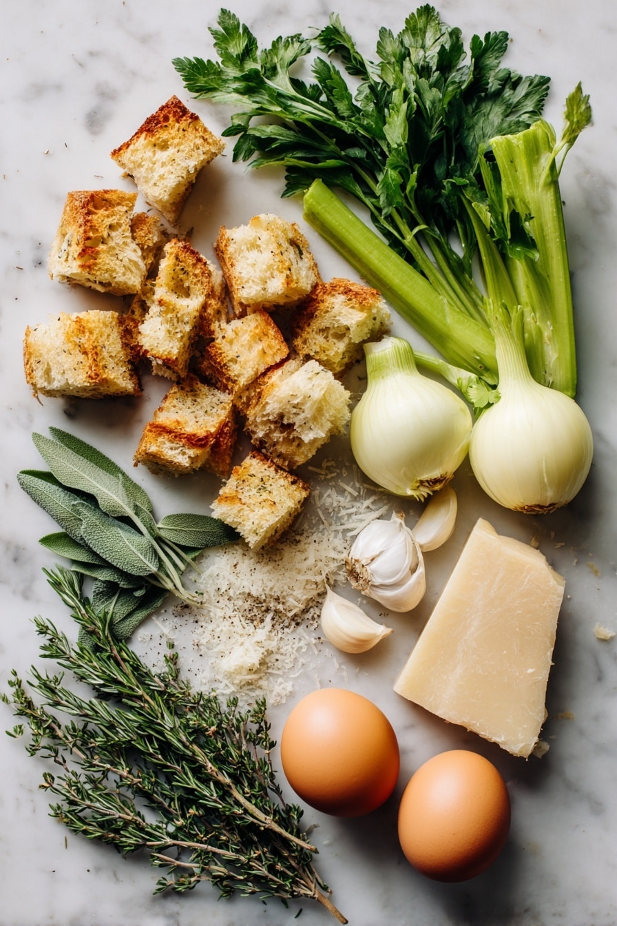 Flat lay of golden sourdough bread cubes, fresh bright green celery stalks, a peeled yellow onion, several peeled garlic cloves, a small bunch of fresh parsley, sprigs of rosemary, sage, and thyme, a wedge of parmesan cheese with some grated parmesan scattered nearby, and two fresh brown eggs, all beautifully arranged and vibrant, placed on a white marble surface, photo taken with an iphone --ar 2:3 --v 7 - Crispy-Edged Stuffing Muffins, Stuffins, Thanksgiving stuffing ideas, holiday side dishes, easy stuffing muffins