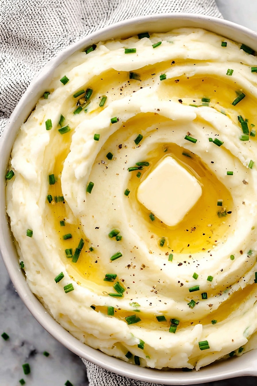 A white bowl full of creamy mashed potatoes with soft swirls forming a round pattern on the top layer. A square piece of butter sits in the middle, melting and spreading golden yellow glossy streaks across the smooth white surface of the potatoes. Small, bright green chopped chives are scattered evenly on top, along with tiny black pepper bits adding tiny dark specks. The bowl is placed on a white marbled surface with a light gray striped cloth underneath. Photo taken with an iphone --ar 2:3 --v 7 - Buttermilk Mashed Potatoes, creamy mashed potatoes, tangy potato side dish, easy mashed potato recipe, comfort food side dishes