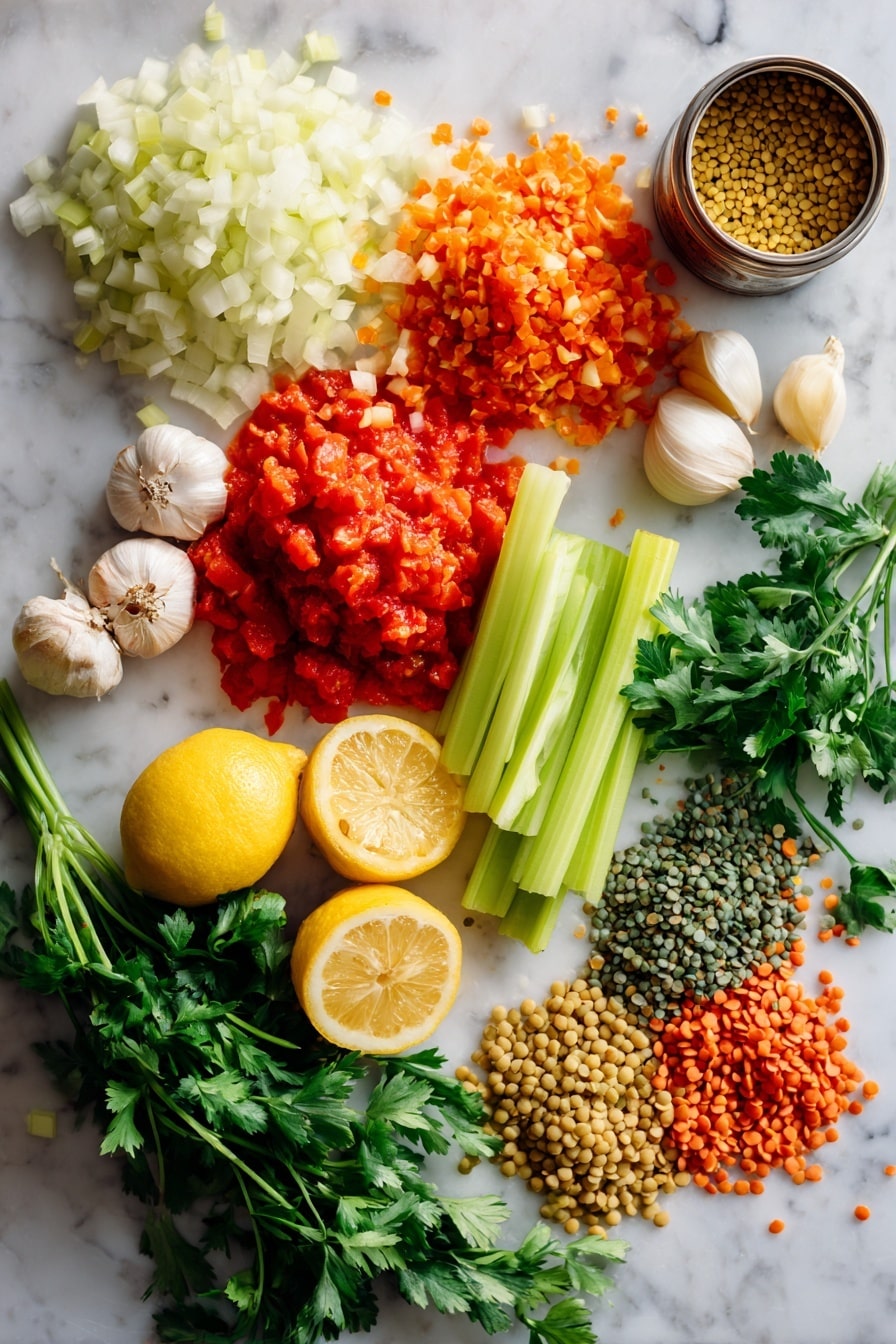 Flat lay of a large yellow onion finely chopped, two celery stalks chopped, one peeled and chopped carrot, four garlic cloves minced, bright red crushed tomatoes in a gentle pile, fresh green cilantro leaves loosely arranged, small heaps of green and red lentils, a can of beige chickpeas spilling some out, a few lemon wedges with vibrant yellow rinds, all placed on a white marble surface, photo taken with an iphone --ar 2:3 --v 7 - Harira Moroccan Lentil and Chickpea Soup, Moroccan lentil soup, hearty Moroccan soup, traditional Moroccan recipes, soulful Lentil chickpea stew