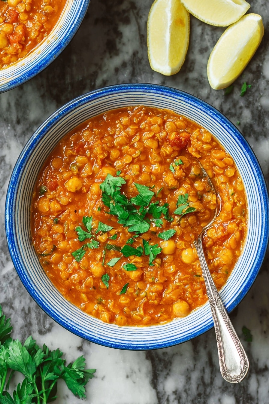 The image shows a thick and hearty orange-red stew filled with small lentils, chickpeas, and rice in a white bowl with a blue rim. The stew has a soft, slightly chunky texture with visible bits of vegetables and herbs. On top, there are a few fresh green parsley leaves placed as garnish. A silver spoon rests inside the bowl on the right side. Nearby on the white marbled surface, there are lemon wedges placed to the top right corner of the bowl. photo taken with an iphone --ar 2:3 --v 7 - Harira Moroccan Lentil and Chickpea Soup, Moroccan lentil soup, hearty Moroccan soup, traditional Moroccan recipes, soulful Lentil chickpea stew