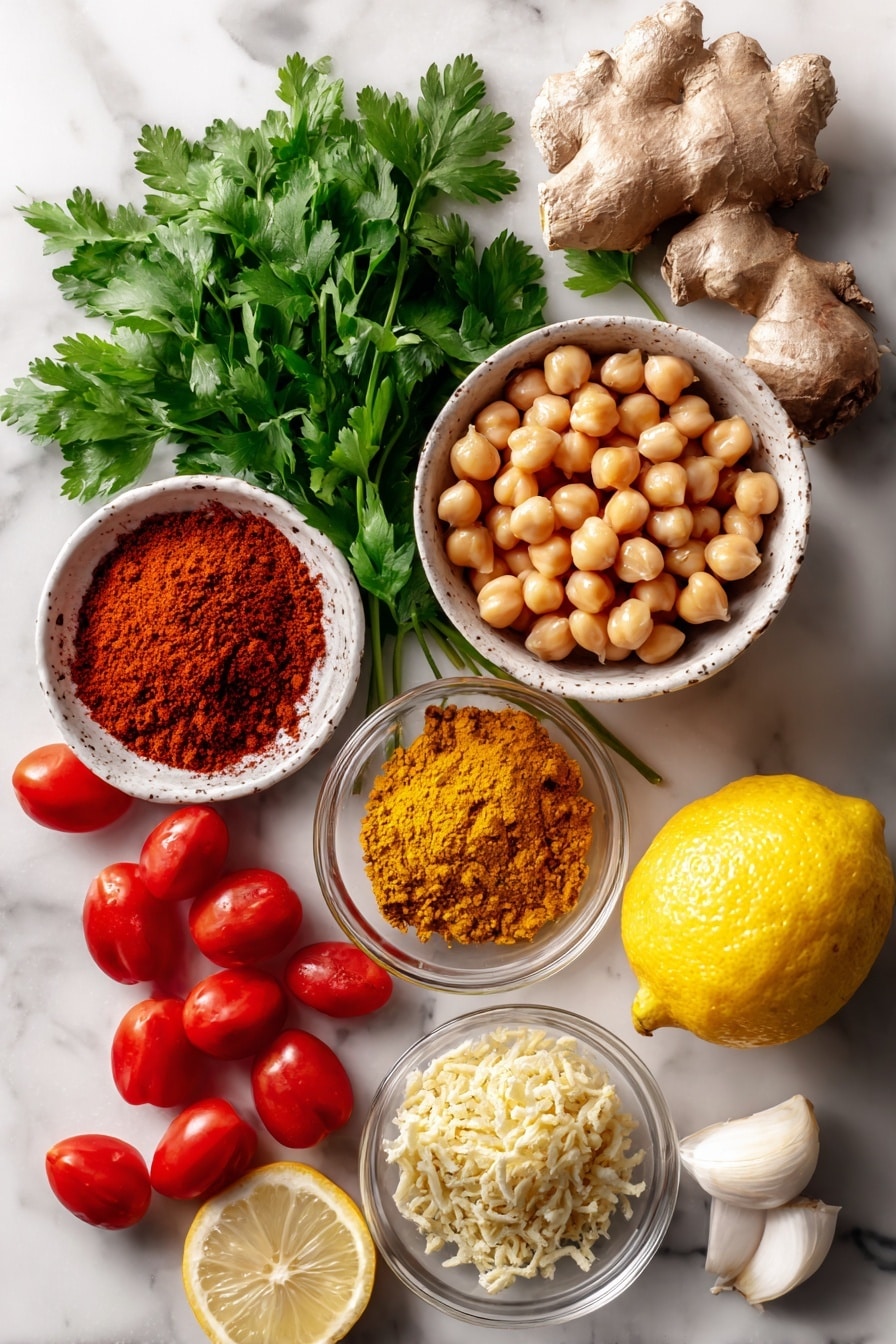 Flat lay of golden cumin seeds, vibrant ground turmeric, warm reddish-brown garam masala, fresh bright green cilantro leaves, plump beige chickpeas, peeled whole tomatoes with rich red hues, finely grated pale yellow ginger, minced white garlic cloves, and a fresh lemon cut in half showing its juicy yellow flesh, all beautifully arranged on a white marble surface, photo taken with an iphone --ar 2:3 --v 7 - Easy Chana Masala, vegan chickpea curry, spicy Indian chickpea dish, quick vegan curry, wholesome chickpea recipe