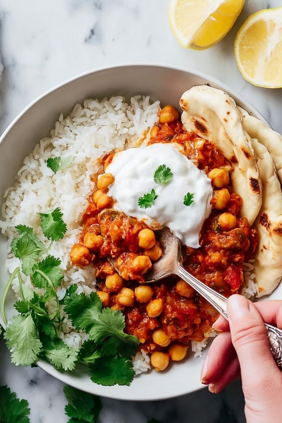 A white bowl contains a dish with three layers visible: the bottom layer is white rice filling half the bowl with a soft, grainy texture; on top of the rice, there is a thick chickpea and tomato sauce mixture in reddish-orange with chunks of chickpeas and tomato pieces, covering the center; a dollop of white creamy yogurt sits on top of the sauce in the middle; fresh green cilantro leaves are placed on one side of the bowl near the rice; pieces of flatbread with a light golden-brown color and soft texture rest on the edge of the bowl. A woman's hand is holding a spoon scooping into the sauce near the flatbread. The background is a white marbled texture with two lemon wedges placed nearby. Photo taken with an iphone --ar 2:3 --v 7 - Easy Chana Masala, vegan chickpea curry, spicy Indian chickpea dish, quick vegan curry, wholesome chickpea recipe