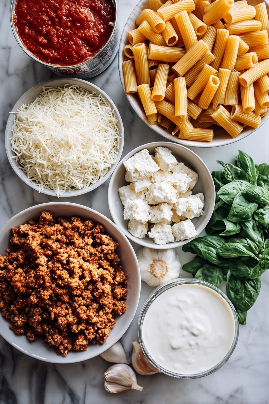 Flat lay of dry ziti pasta noodles, crumbled Italian sausage, minced garlic cloves, a large can of crushed tomatoes, fresh green basil leaves, shredded mozzarella cheese, grated pecorino Romano cheese, and a small pour of heavy cream, all beautifully arranged in separate piles and clusters, placed on a white marble surface, photo taken with an iphone --ar 2:3 --v 7 - Easy Baked Ziti with Italian Sausage and Cream, baked ziti with sausage, creamy baked ziti recipe, Italian sausage pasta bake, easy comfort food dinner
