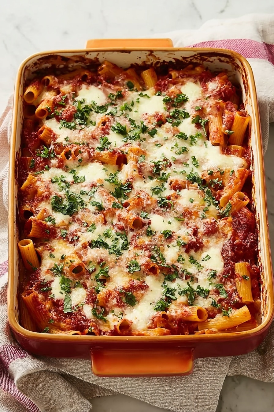 A rectangular orange baking dish filled with baked pasta is shown. The dish has one main layer of rigatoni pasta covered evenly with thick red tomato sauce. On top, there are small patches of melted white cheese scattered all over. Fresh green chopped herbs, possibly parsley or basil, are sprinkled generously, adding a fresh contrast on the cheese and sauce. The edges of the baking dish show some browned spots where the sauce has baked into the sides. The dish sits on folded beige and white towels over a white marbled surface. photo taken with an iphone --ar 2:3 --v 7 - Easy Baked Ziti with Italian Sausage and Cream, baked ziti with sausage, creamy baked ziti recipe, Italian sausage pasta bake, easy comfort food dinner