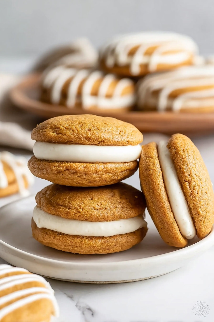 The image shows a close-up of three soft, round pumpkin sandwich cookies stacked on a white plate with a white marbled background. Each cookie has two golden-brown layers with a soft texture, filled with a thick layer of smooth, white cream in the middle. One cookie leans on the stack, displaying the cream filling clearly. In the background, more cookies with white drizzle are visible, adding to the cozy feel. Photo taken with an iphone --ar 2:3 --v 7 - Easy Pumpkin Whoopie Pies, Pumpkin Whoopie Pies Recipe, Fall Pumpkin Cookies, Pumpkin Pie Cookies, Pumpkin Spiced Treats