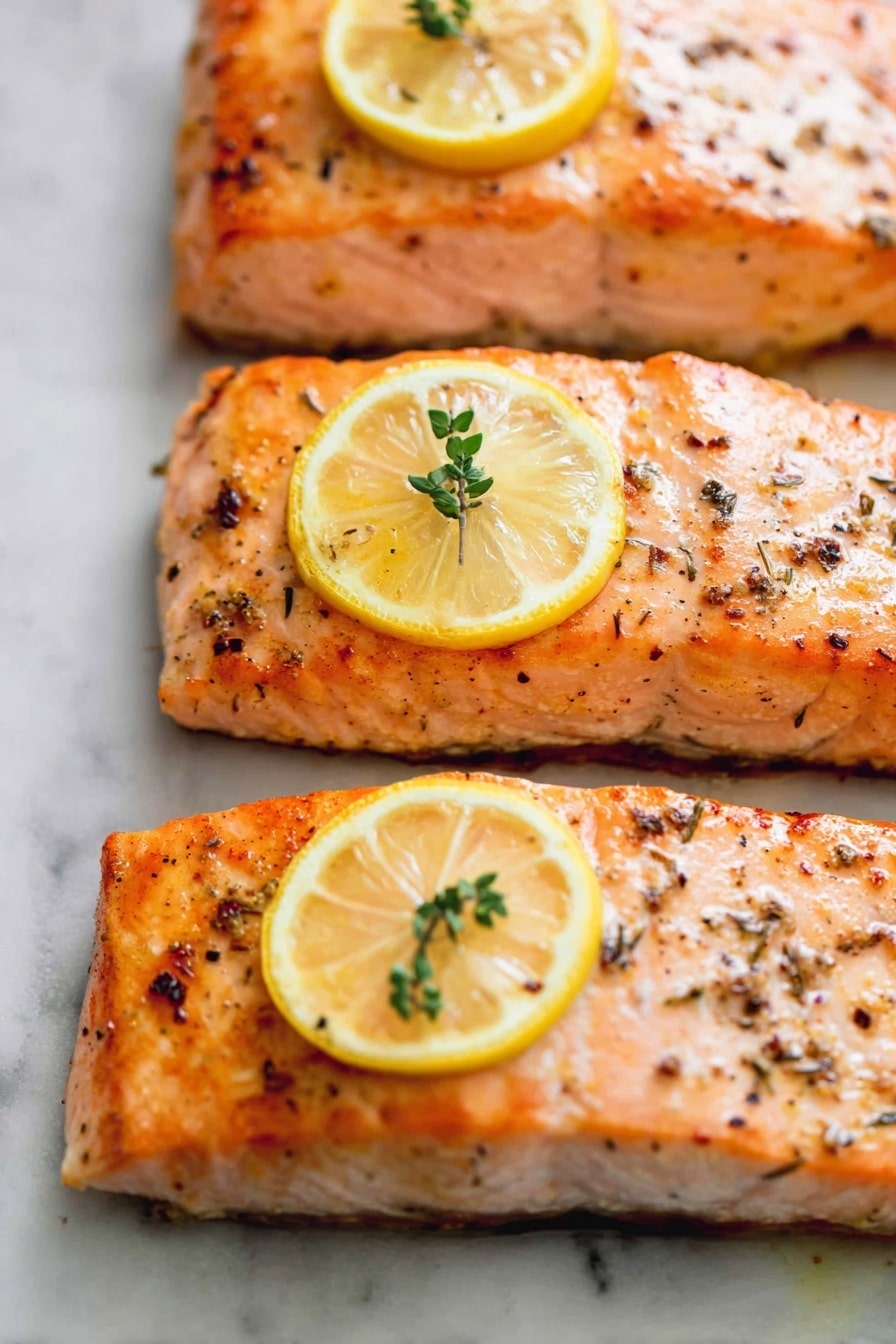 Three cooked salmon fillets lie side by side on a white marbled surface, each piece showing a light orange-pink color with a slightly browned, crispy texture on top. Small black pepper flakes and herbs are scattered unevenly across the surface of the salmon, adding specks of dark color. Each fillet is topped with a thin, bright yellow lemon slice with a small green herb sprig placed at the center of the lemon, adding fresh green detail. The edges of the salmon are slightly darker, showing a light crispiness. photo taken with an iphone --ar 2:3 --v 7 - Best Easy Healthy Baked Salmon, baked salmon with lemon and garlic, healthy seafood dinner, quick nutritious salmon recipe, simple baked salmon ideas