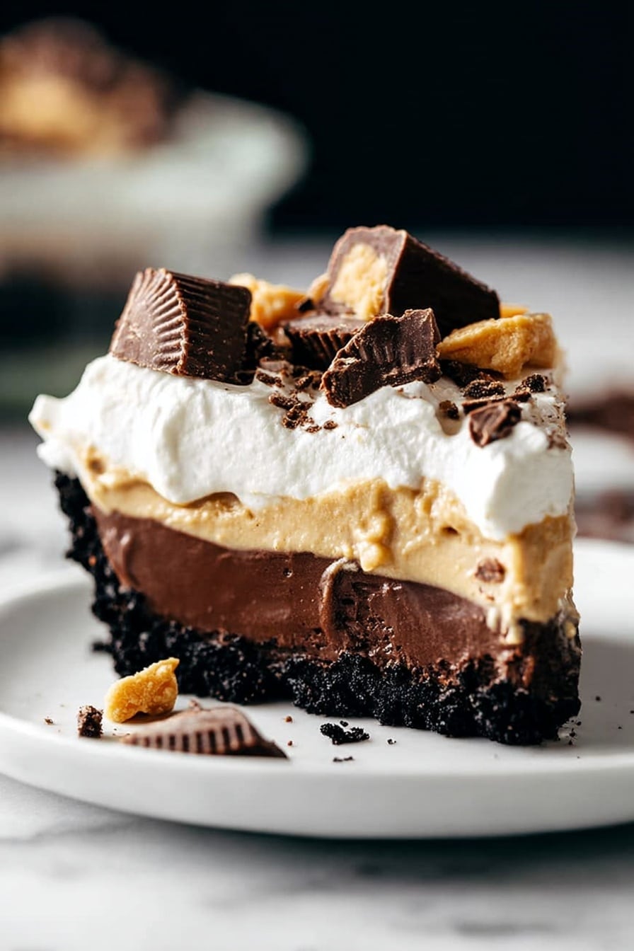 The image shows a slice of dessert with four clear layers served on a white plate against a white marbled background. The bottom layer is a dark, crumbly chocolate crust. Above that is a smooth, thick dark chocolate layer. The third layer is a light creamy tan color, likely peanut butter or caramel. The top layer is fluffy white whipped cream covered with crushed pieces of chocolate and peanut butter cups scattered over it. The dessert looks rich and creamy with a mix of textures from smooth to crunchy. Photo taken with an iphone --ar 2:3 --v 7 - Chocolate Peanut Butter Pie, Chocolate Peanut Butter Pie Recipe, Easy Peanut Butter Pie, No-Bake Chocolate Pie, Instant Peanut Butter Dessert