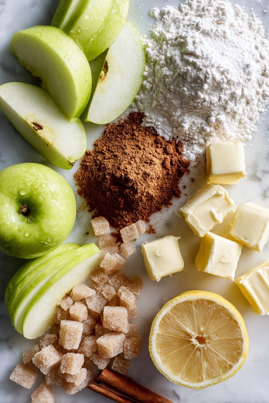 Flat lay of thinly sliced green Granny Smith apples scattered beside small piles of light and dark brown sugar crystals, a heap of warm cinnamon powder and a pinch of nutmeg, chunks of cold pale butter nestled near a mound of soft white flour, a fresh lemon sliced in half with droplets of juice glistening on the surface, all beautifully arranged on a white marble surface, photo taken with an iphone --ar 2:3 --v 7 - Dutch Apple Pie, Apple Pie Recipe, Classic Apple Pie, Easy Apple Pie, Homemade Apple Pie