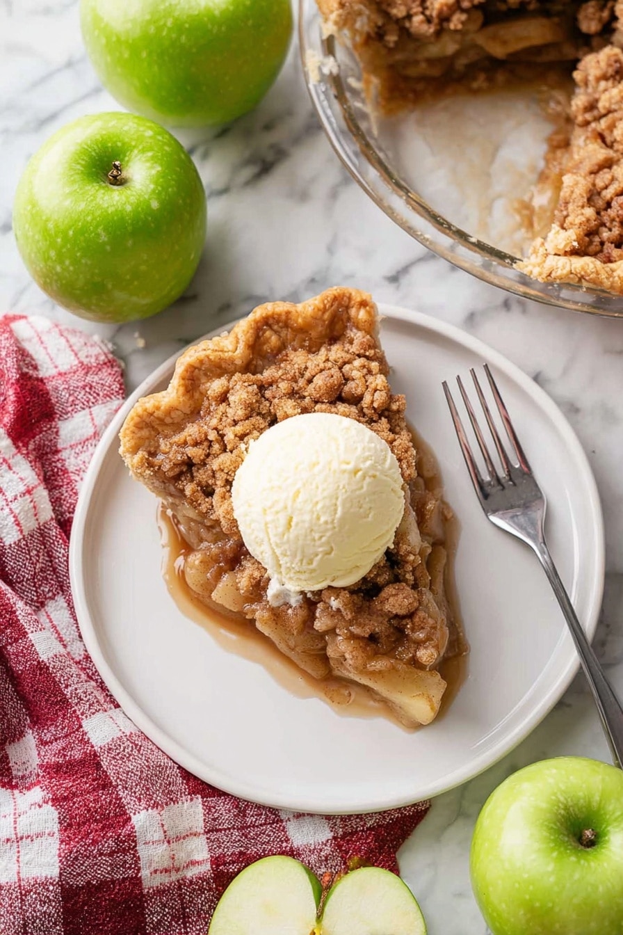 A white plate holds a single slice of apple crumble pie showing three visible layers: a golden brown crinkled crust on the outside edge, a thick middle layer of soft apple pieces coated in sticky brown sugar sauce, and a crumbly cinnamon topping in light and dark brown tones. On top of the pie slice sits a round scoop of creamy off-white vanilla ice cream that is starting to melt slightly. A silver fork lies diagonally on the plate pointing toward the bottom right corner. The plate rests on a white marbled surface surrounded by four whole shiny green apples and one apple cut in half showing pale yellow flesh inside. A red and white checkered cloth sits near the plate's bottom left corner. In the upper right corner, a glass pie dish contains the remaining apple crumble pie with a missing slice. Photo taken with an iphone --ar 2:3 --v 7 - Dutch Apple Pie, Apple Pie Recipe, Classic Apple Pie, Easy Apple Pie, Homemade Apple Pie